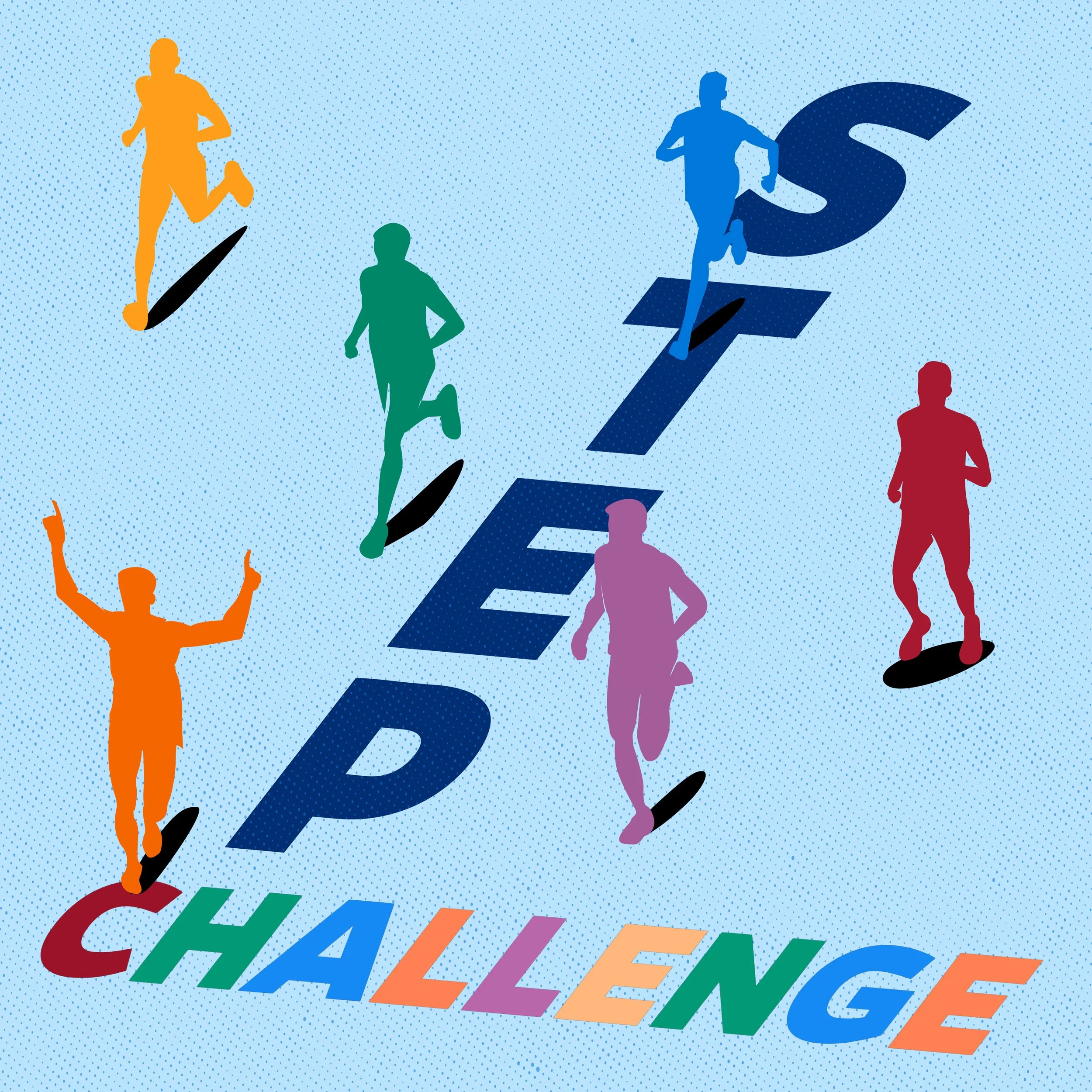 Colorful graphic with silhouettes of runners in various colors, running along the word "PROFIT" spelled out in large letters, with the word "CHALLENGE" in multicolored letters at the bottom.