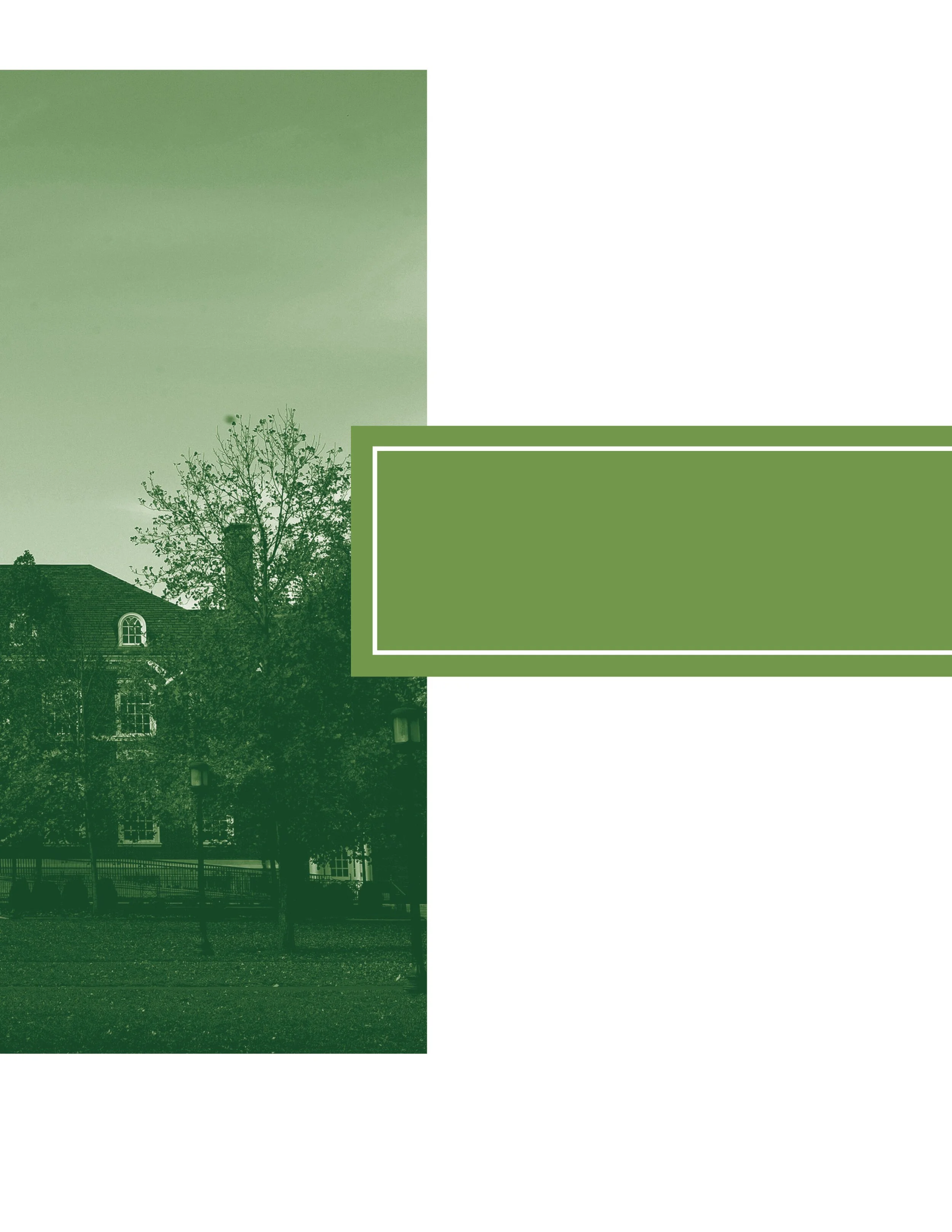 A green tinted photo of a house with trees outside, overlaid with green rectangular design elements.