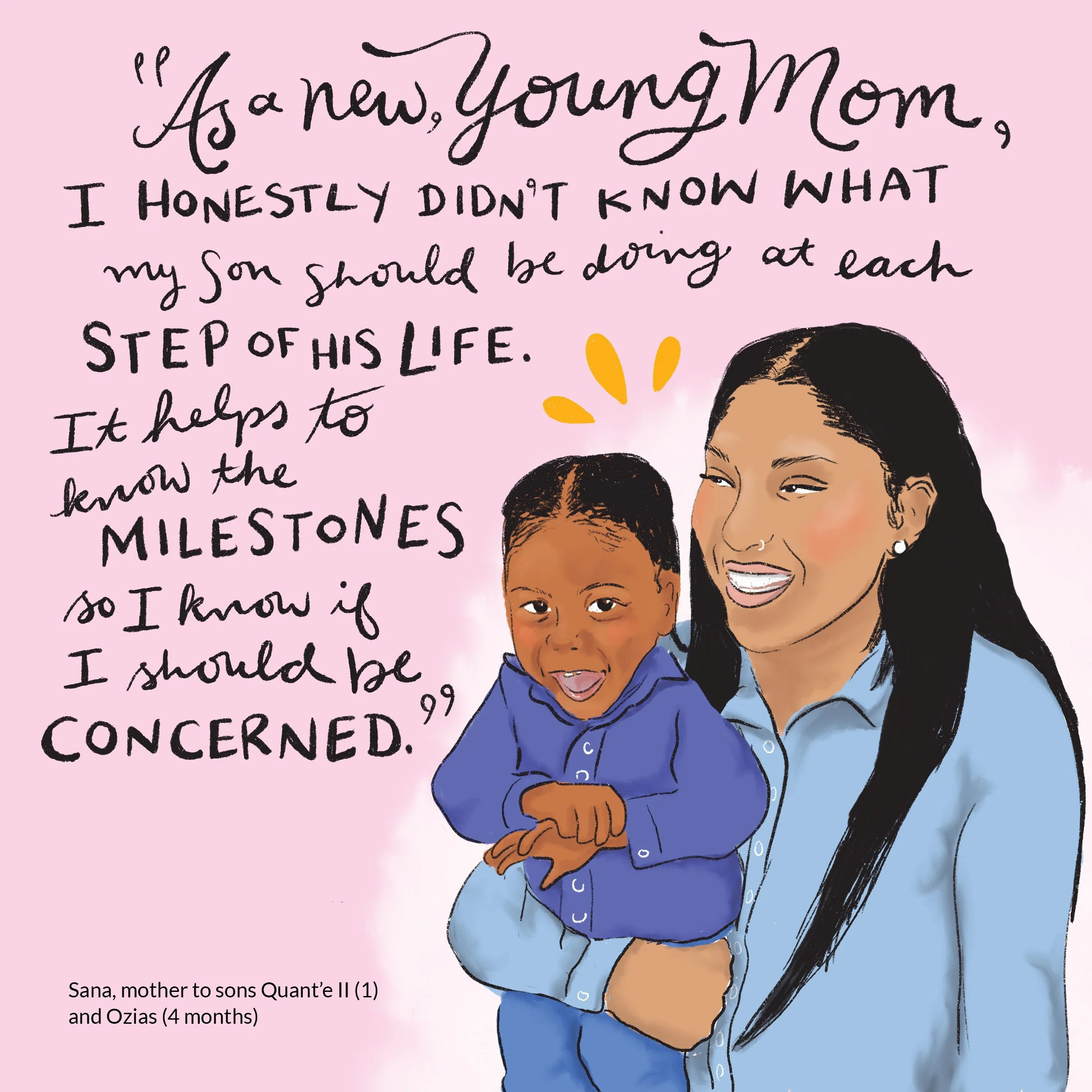 A mother with long black hair and earrings holding a smiling young boy with short black hair, both dressed in blue, against a light pink background with handwritten-style text appreciating her role as a mother.