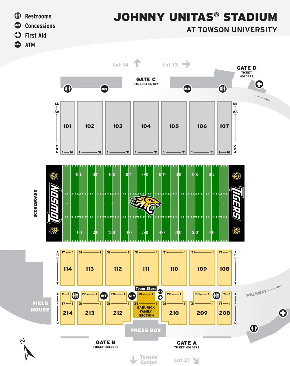 Seating map of Johnny Unitas Stadium at Towson University showing sections for field house, team store, press box, and seating rows numbered 101 to 214. Includes directions for restrooms, concessions, first aid, ATM, and gate entry points.