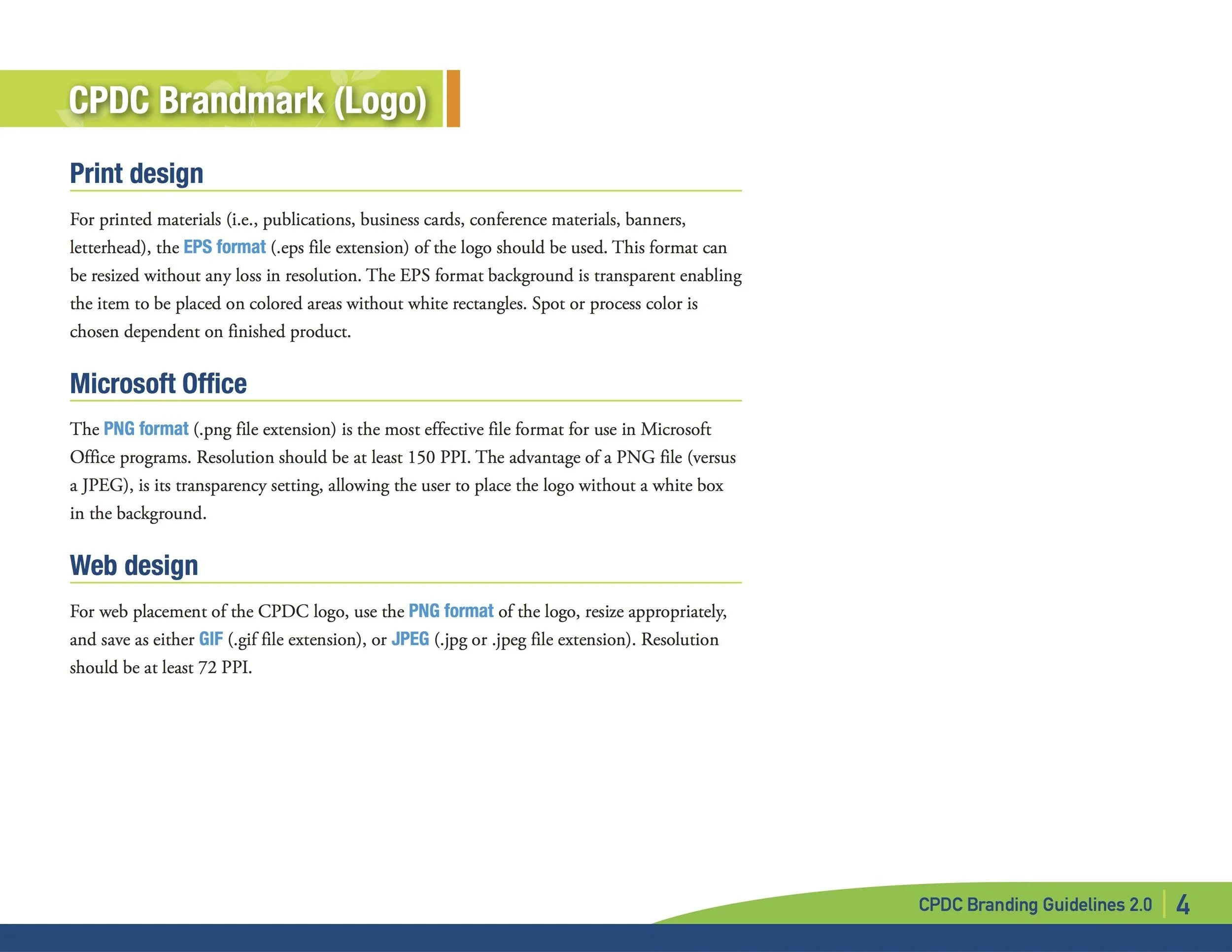 Document with guidelines for CPDC branding, including sections on print, Microsoft Office, and web design, with green and blue header colors.