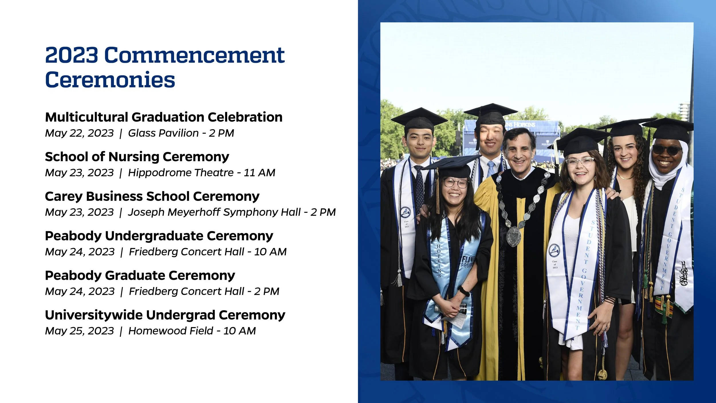 Group of graduates in caps and gowns smiling at a graduation ceremony with a list of commencement events and dates on the left side of the image.