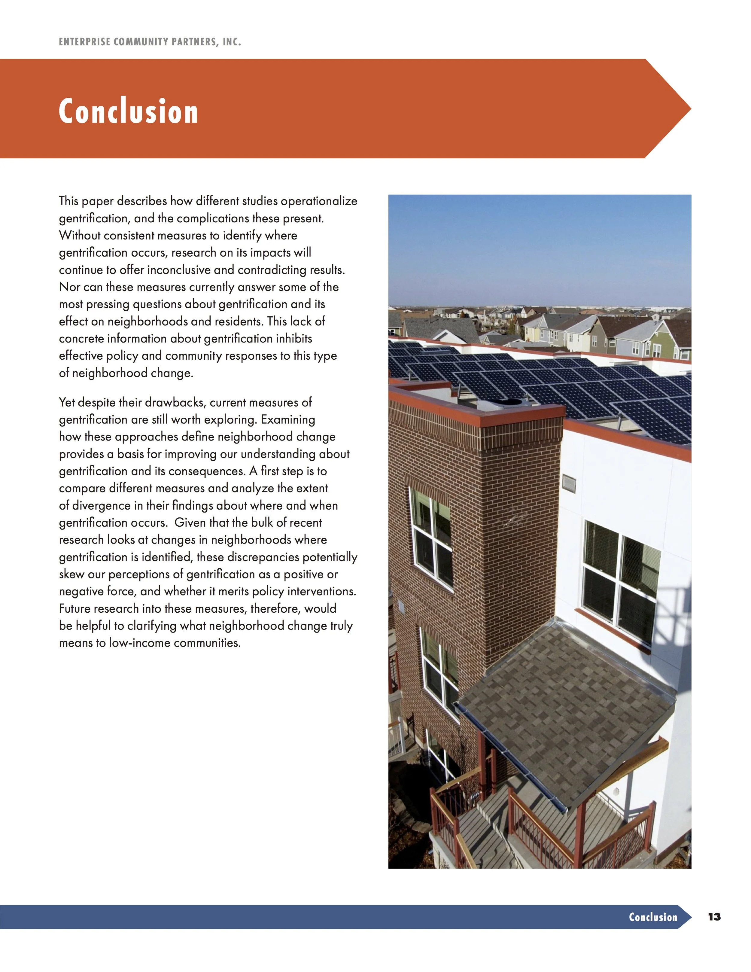 Page from a report or book titled 'Conclusion' with a photo of a residential neighborhood featuring houses with solar panels on the roofs, and a text discussion about gentrification and neighborhood change.