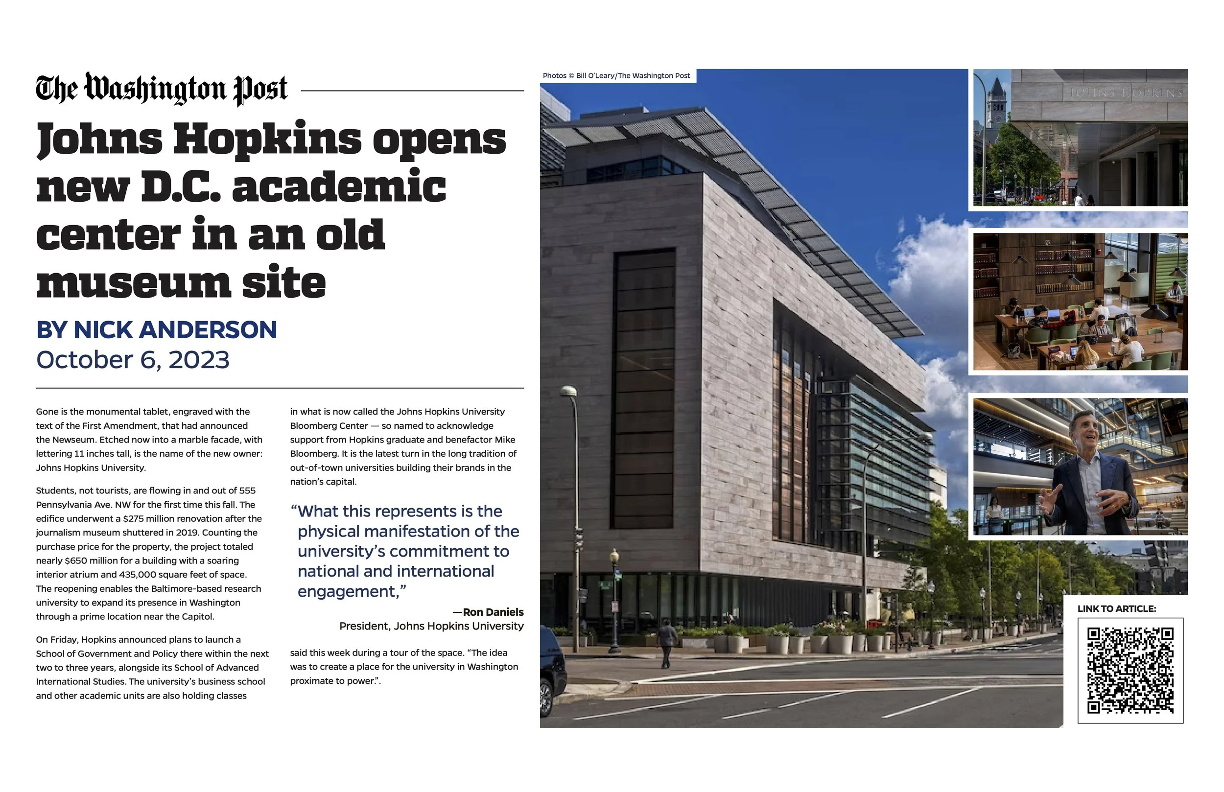 A newspaper article about the opening of a new Johns Hopkins University campus in Washington, D.C., with a large photo of a modern building, smaller images of the surrounding area, interior study spaces, and a person speaking at an event.
