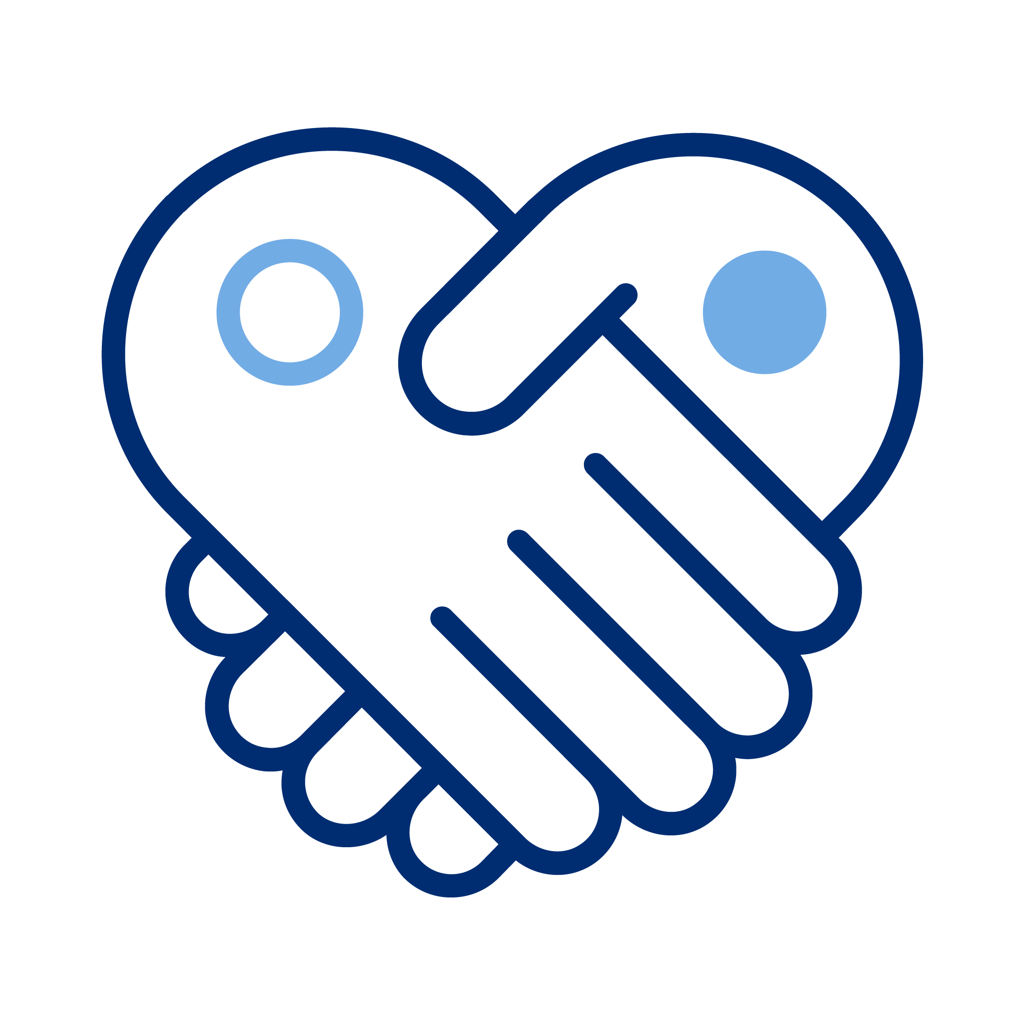 Outline of two hands shaking, forming a heart shape, with two small circles inside the heart.