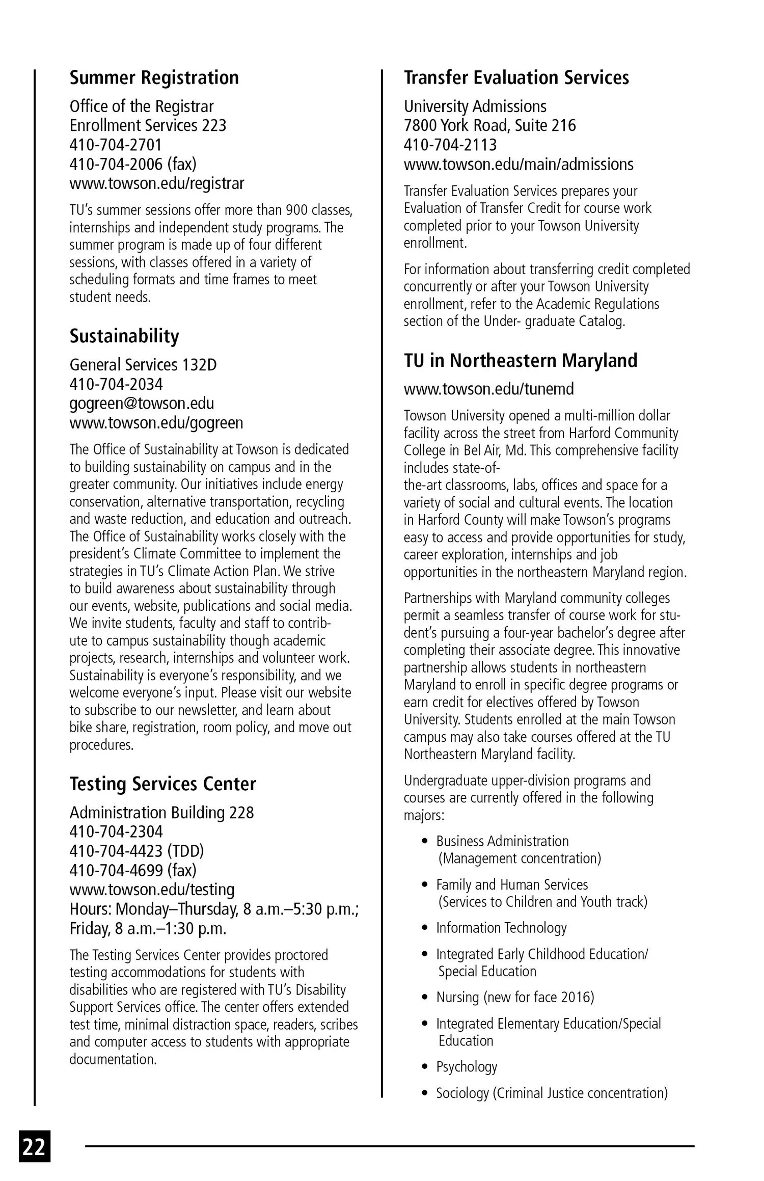 A college catalog page with sections on summer registration, sustainability, transfer evaluation services, and Towson University's northeast Maryland campus, including contact information, descriptions of services, academic programs, and majors offer