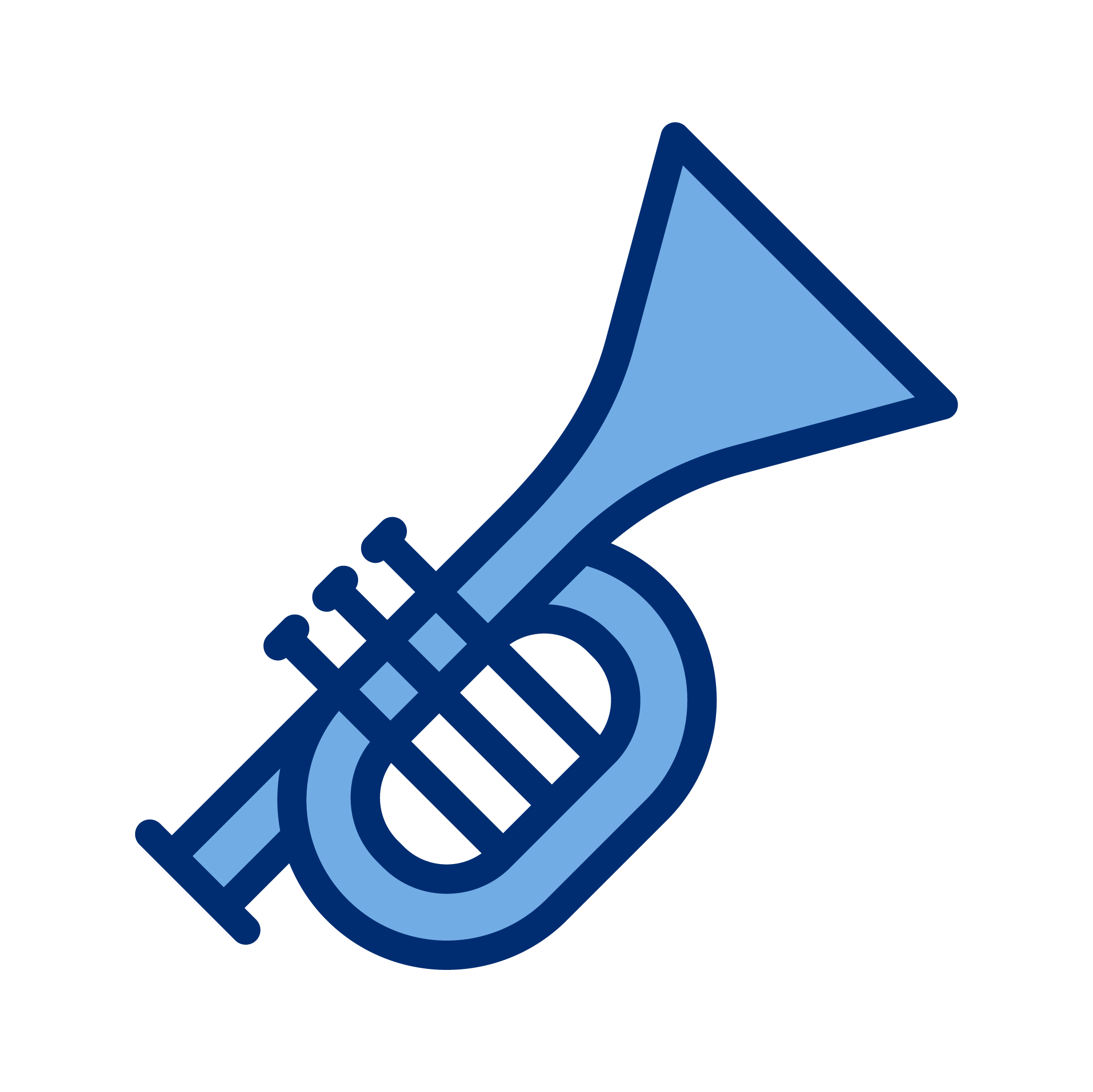 A graphic illustration of a blue saxophone with minimalistic design.