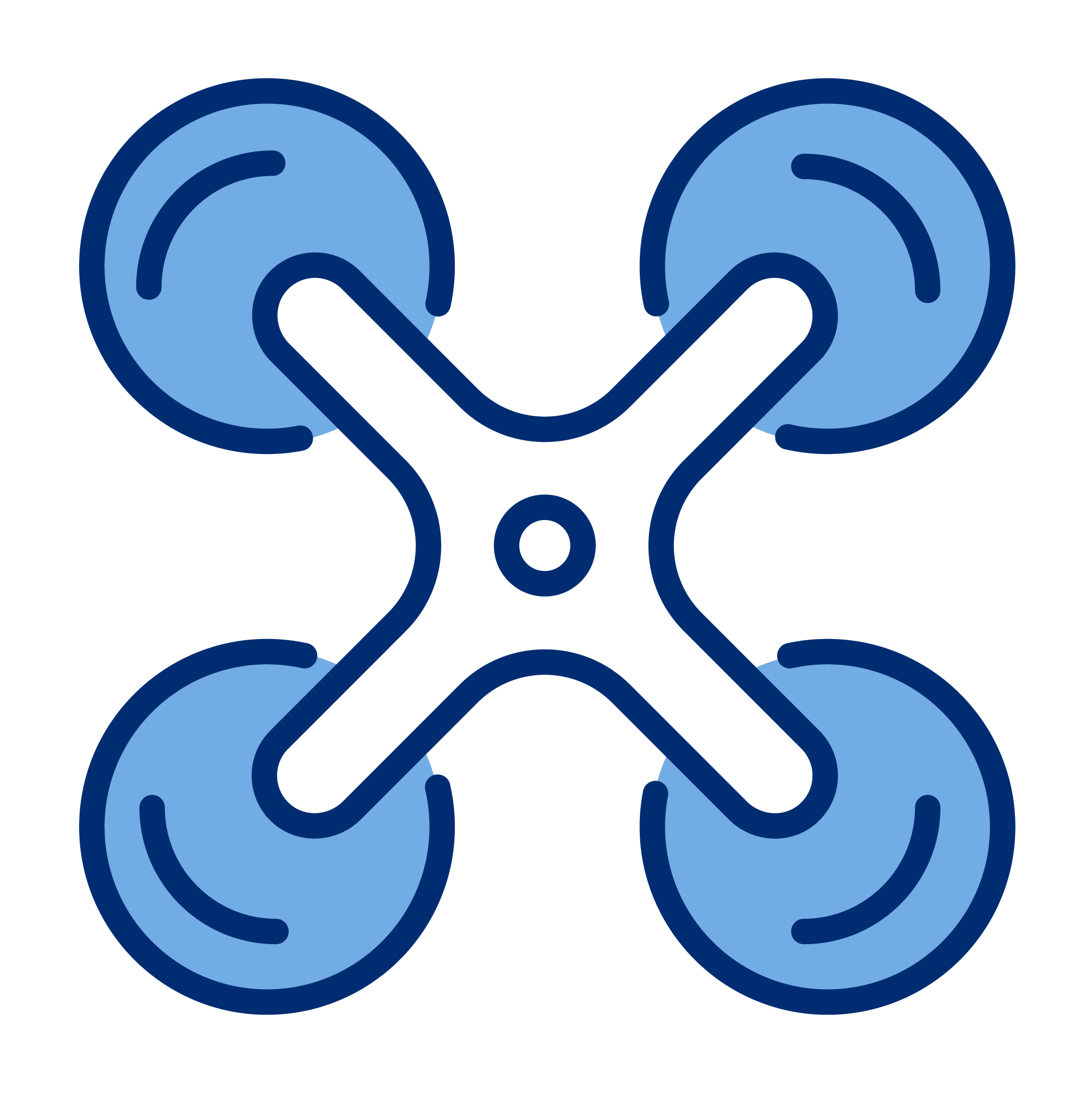 Illustration of a drone with four propellers, depicted in shades of blue and black.