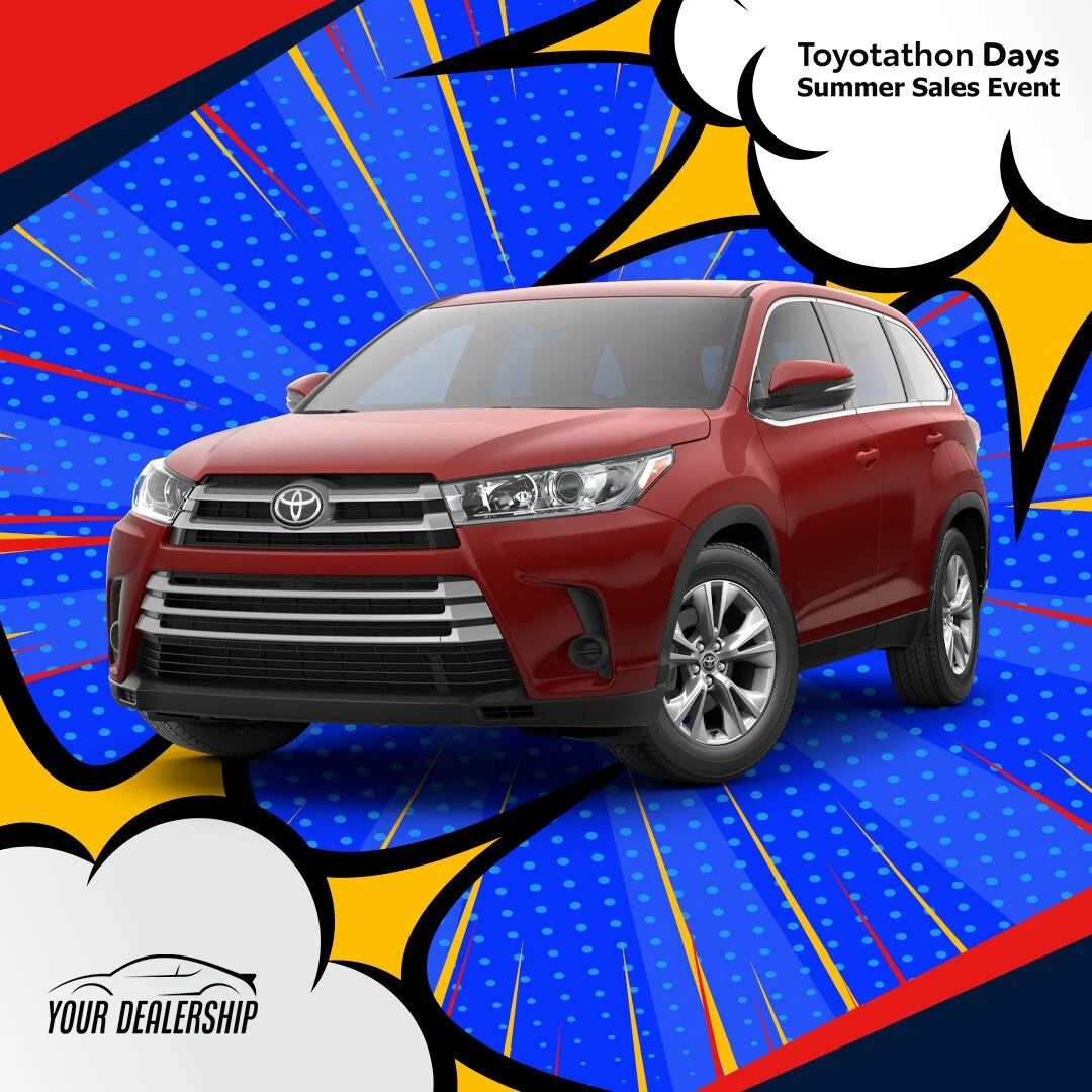 Red Toyota RAV4 on a colorful comic-style background advertising a summer sales event for ToyotaDays.