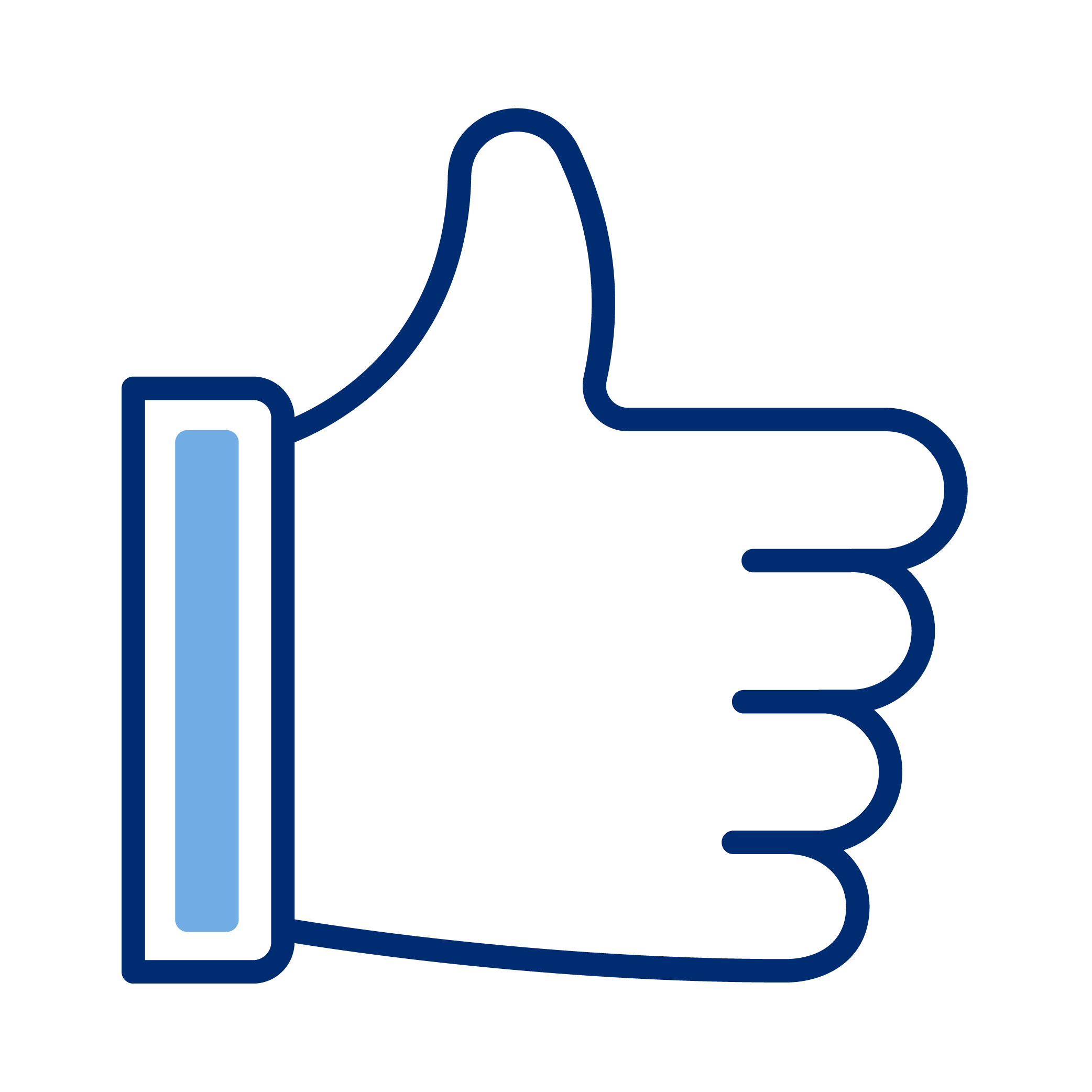 Icon of a thumbs-up gesture in blue outline, symbolizing approval or like.