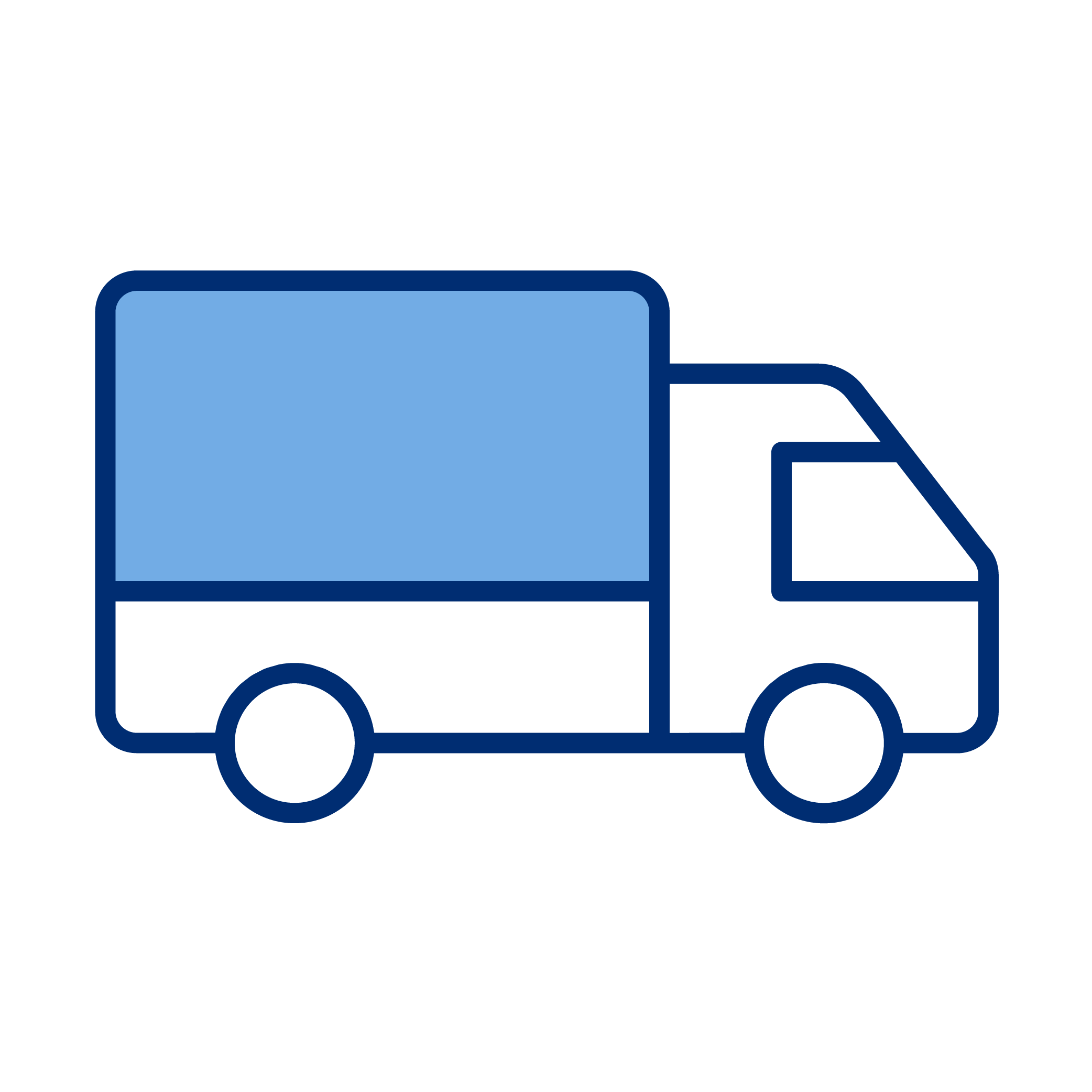 Icon of a delivery truck with a blue cargo area on a black background.