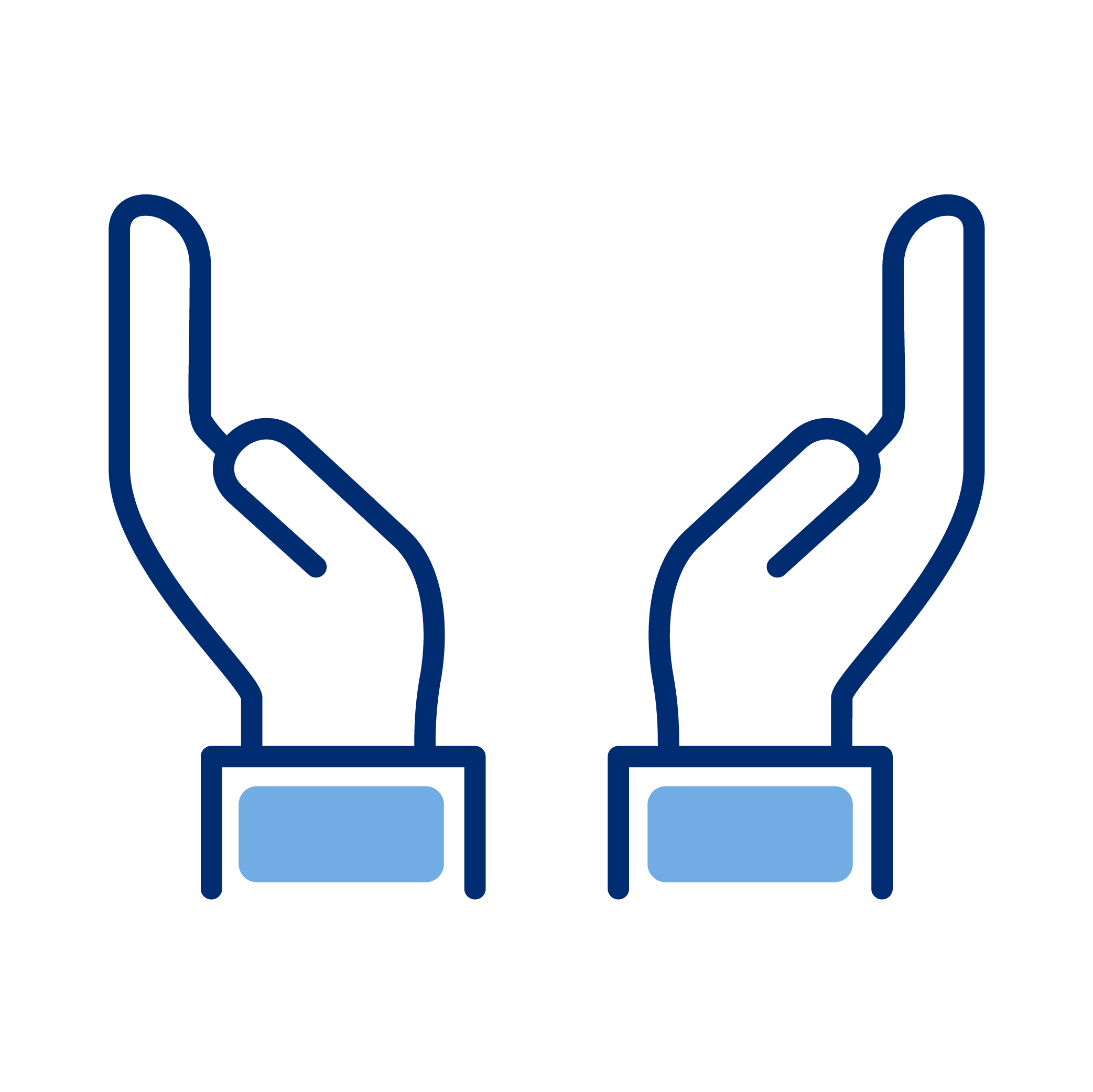 Outline of two hands with cuffs, facing upward, in dark blue with light blue cuffs.