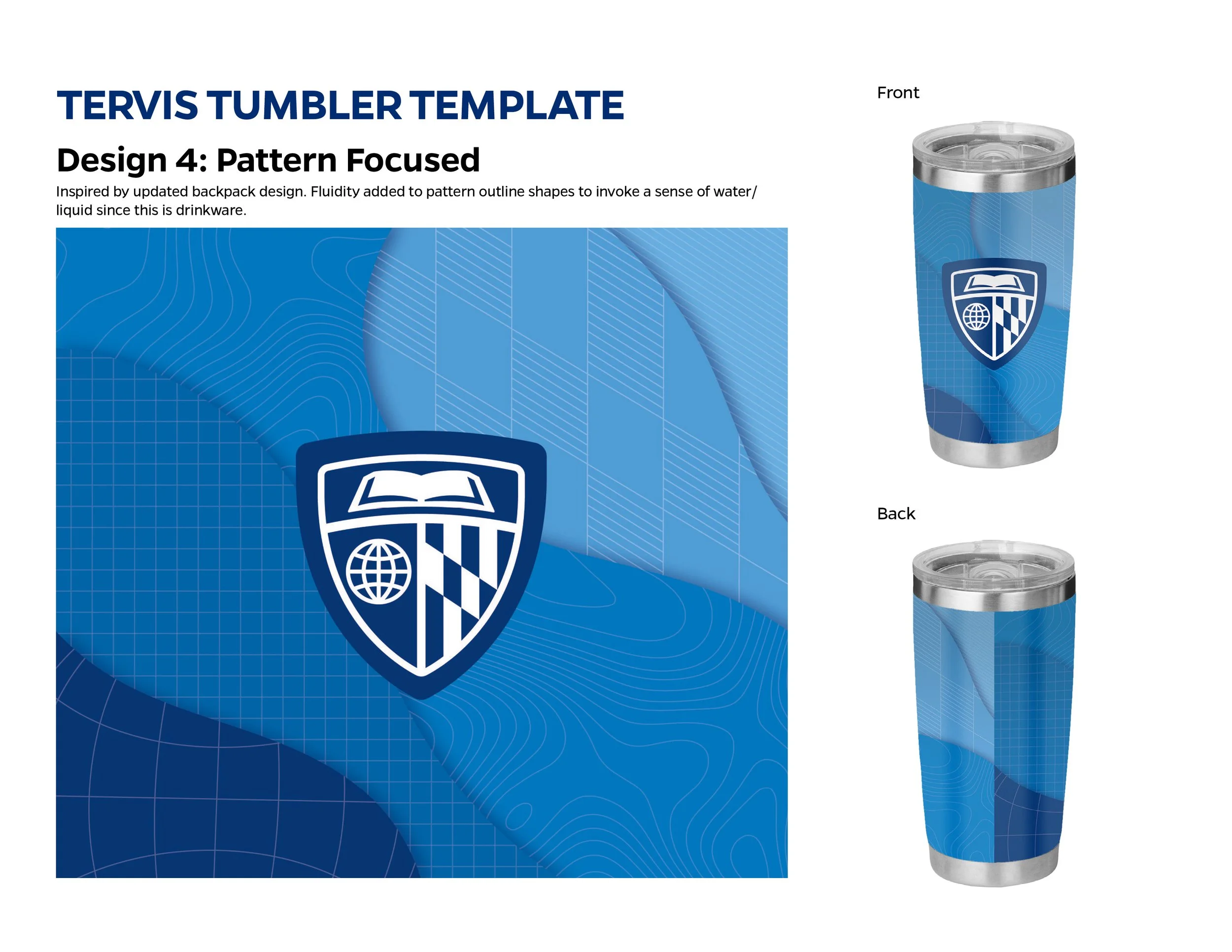 Design mockup of a tumbler featuring a blue pattern with geometric and topographical lines, and a shield logo with a book, globe, and checkered design.