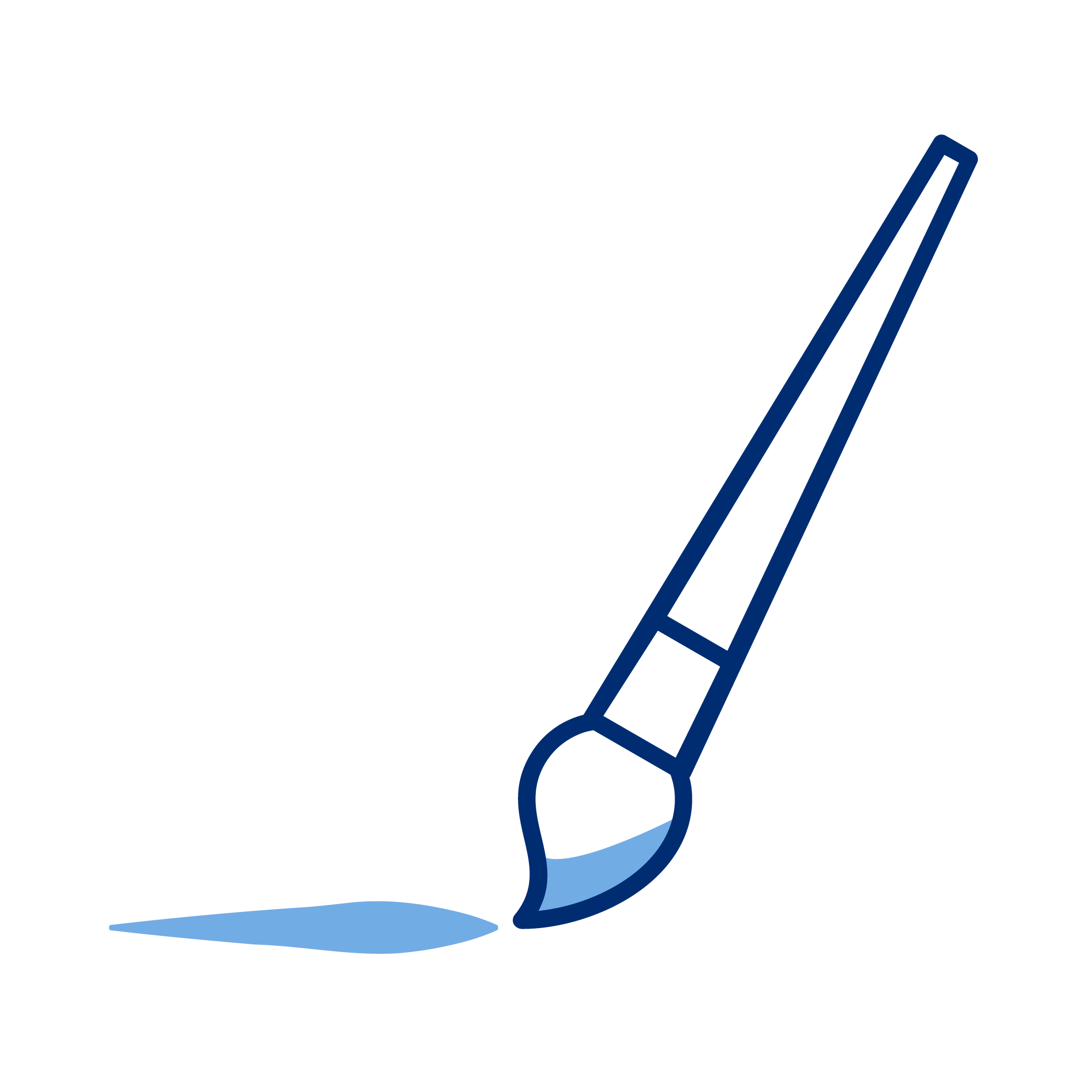 A graphic of a paintbrush painting a small blue puddle on a black background.