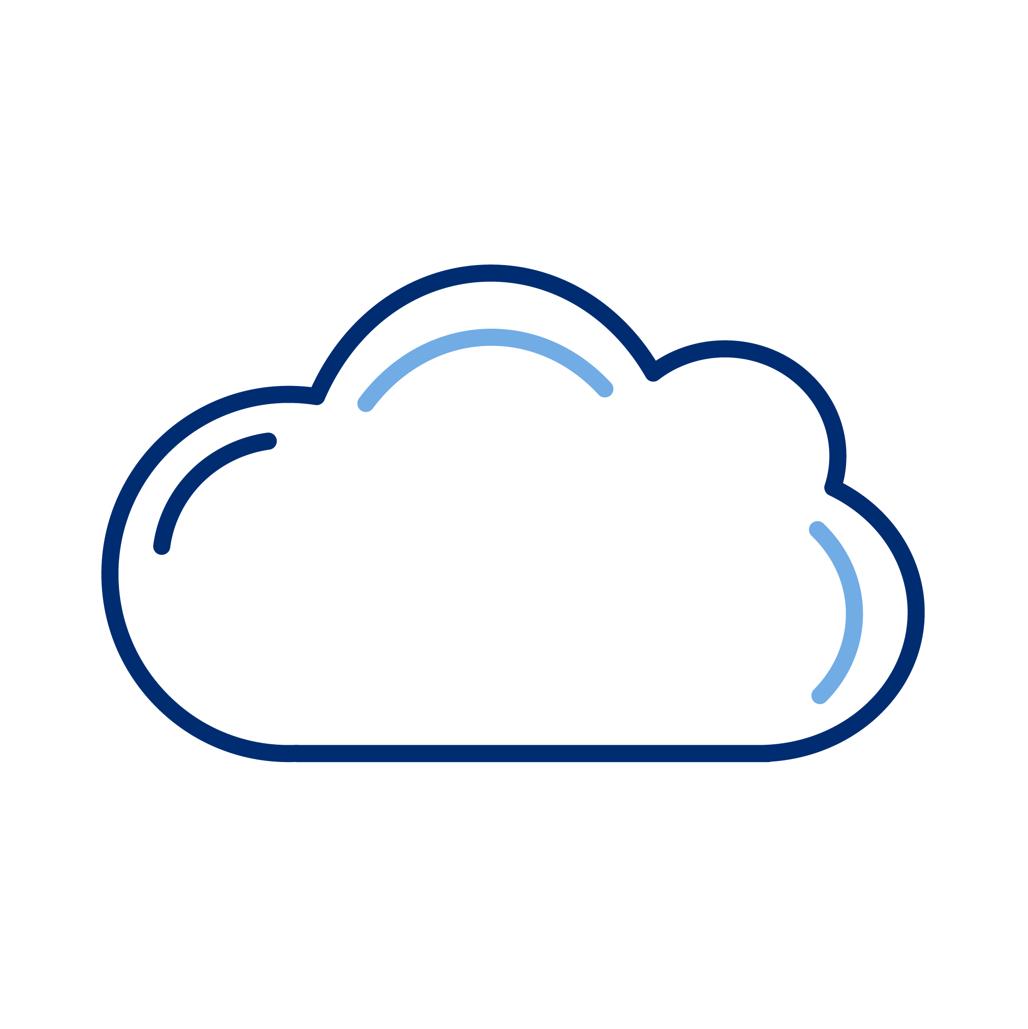 A simple line drawing of a cloud with highlight details, outlined in dark blue and light blue, representing cloud computing or weather.