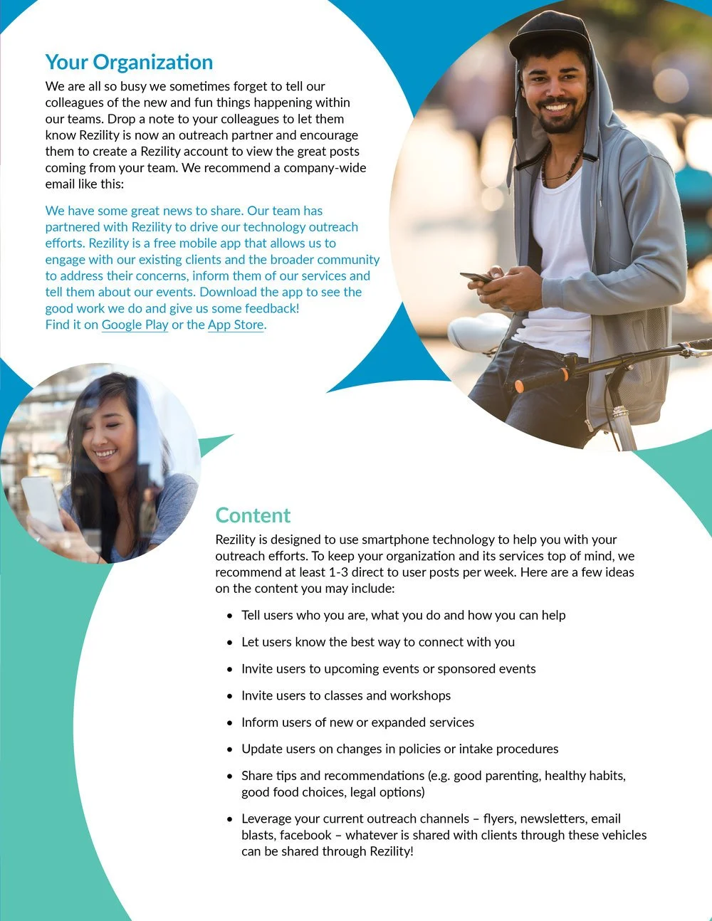 A flyer with text about an organization and content strategy, featuring two photos: a smiling man with a bicycle, looking at his phone, outdoors, and a woman smiling while using her phone, indoors.