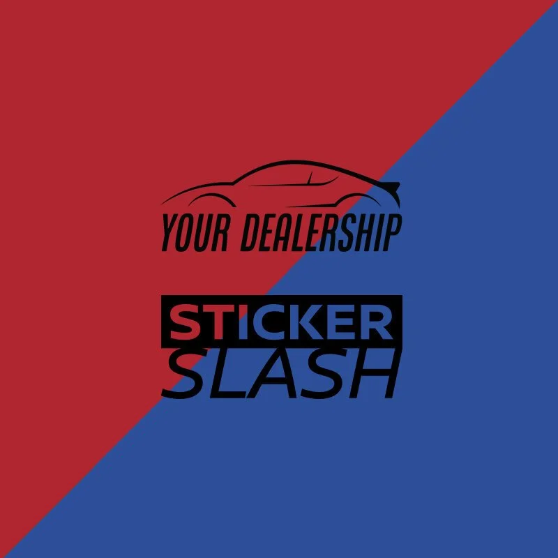 Graphic with a red and blue divided background, featuring a stylized outline of a car and text that reads 'Your Dealership Sticker Slash'.