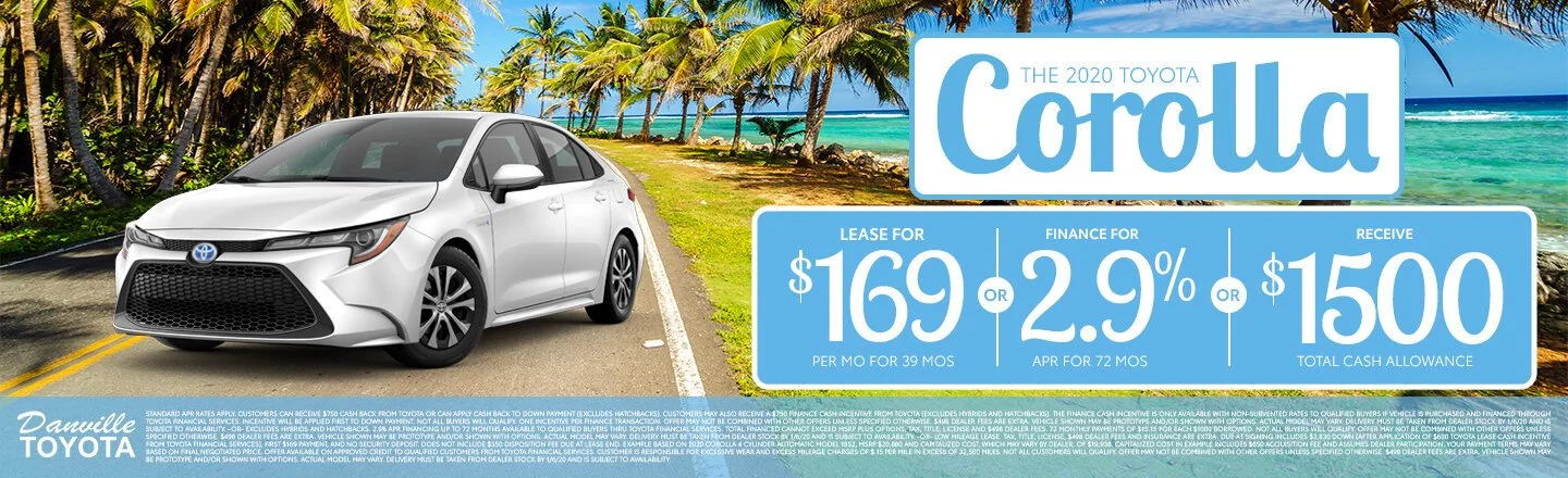 A silver 2020 Toyota Corolla parked on a scenic beachside road with palm trees and the ocean in the background. Promotional text overlays showing lease, finance, and cash deal details.