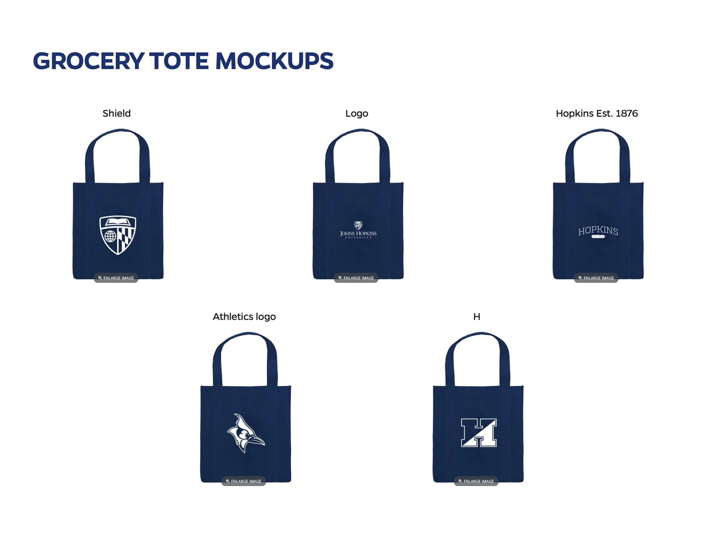 Collection of five navy blue grocery tote bag mockups featuring different logos and text, including shields, university logos, and sports team logos.
