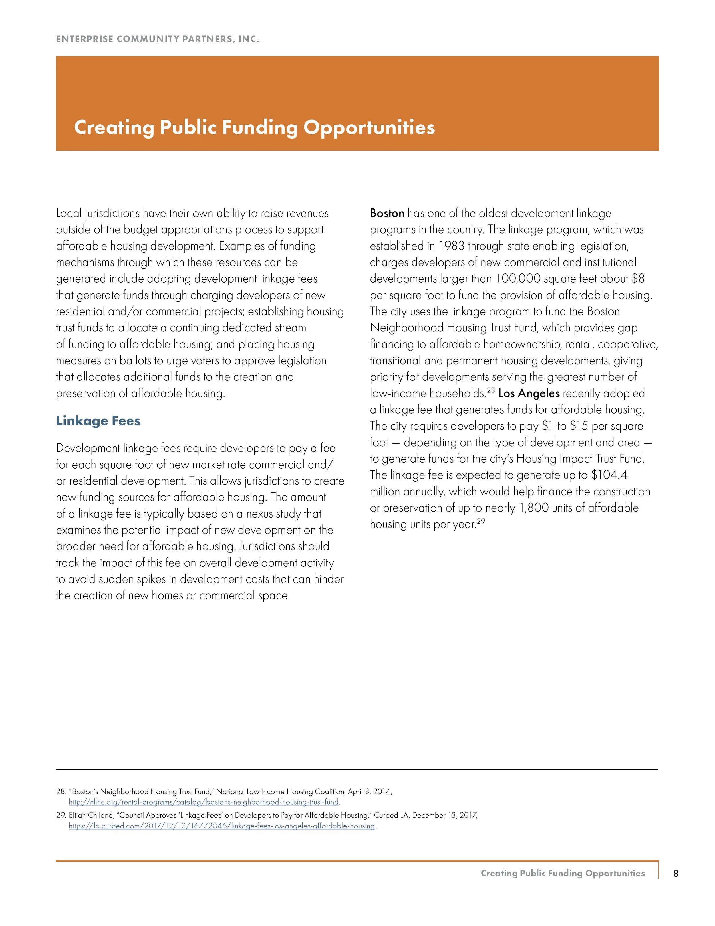 Page of a document titled 'Creating Public Funding Opportunities' discussing development linkage fees and affordable housing funding, with subheading 'Linkage Fees', and references to Boston and Los Angeles.