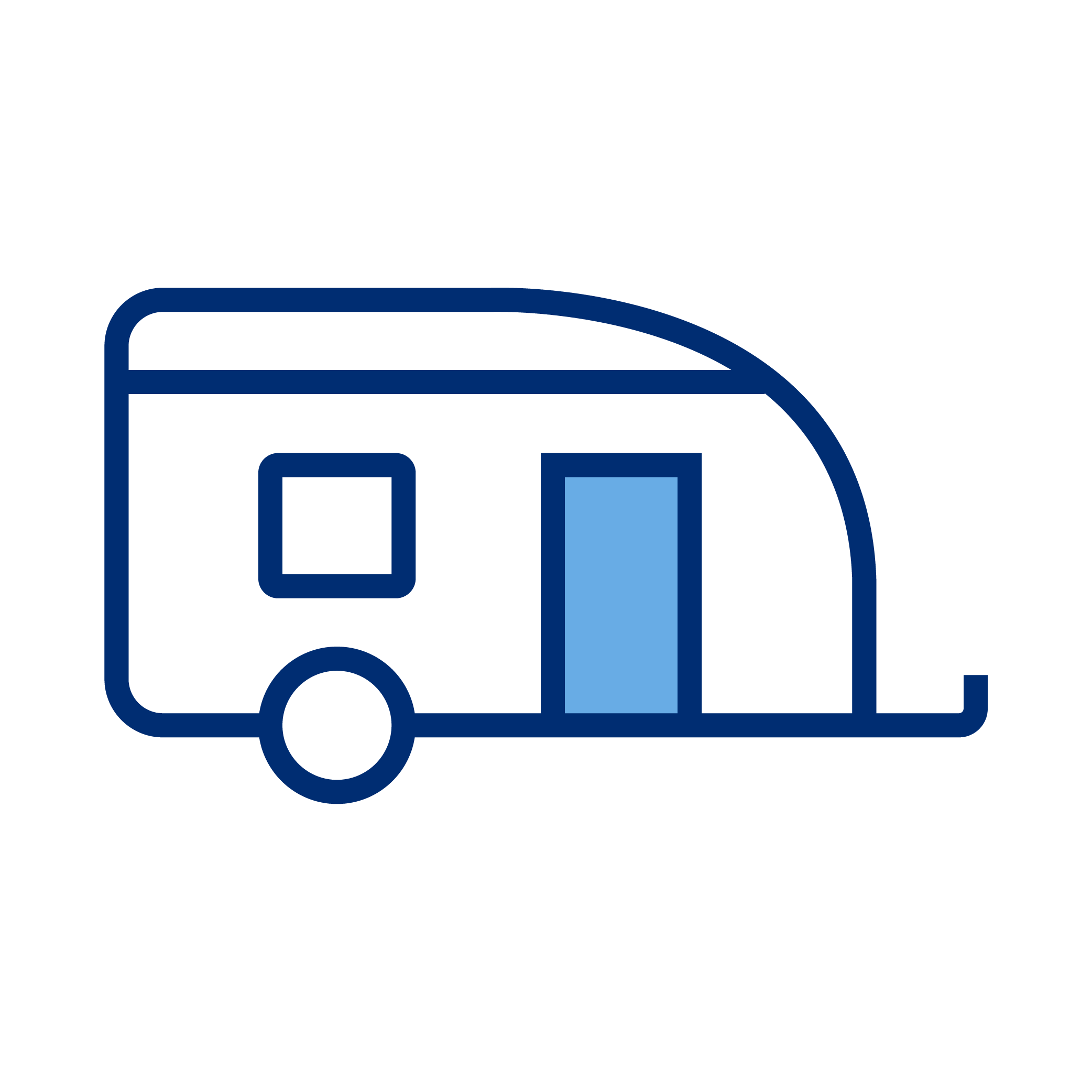 Simple outline drawing of a travel trailer or camper with one wheel, a door, a window, and a curved roof.