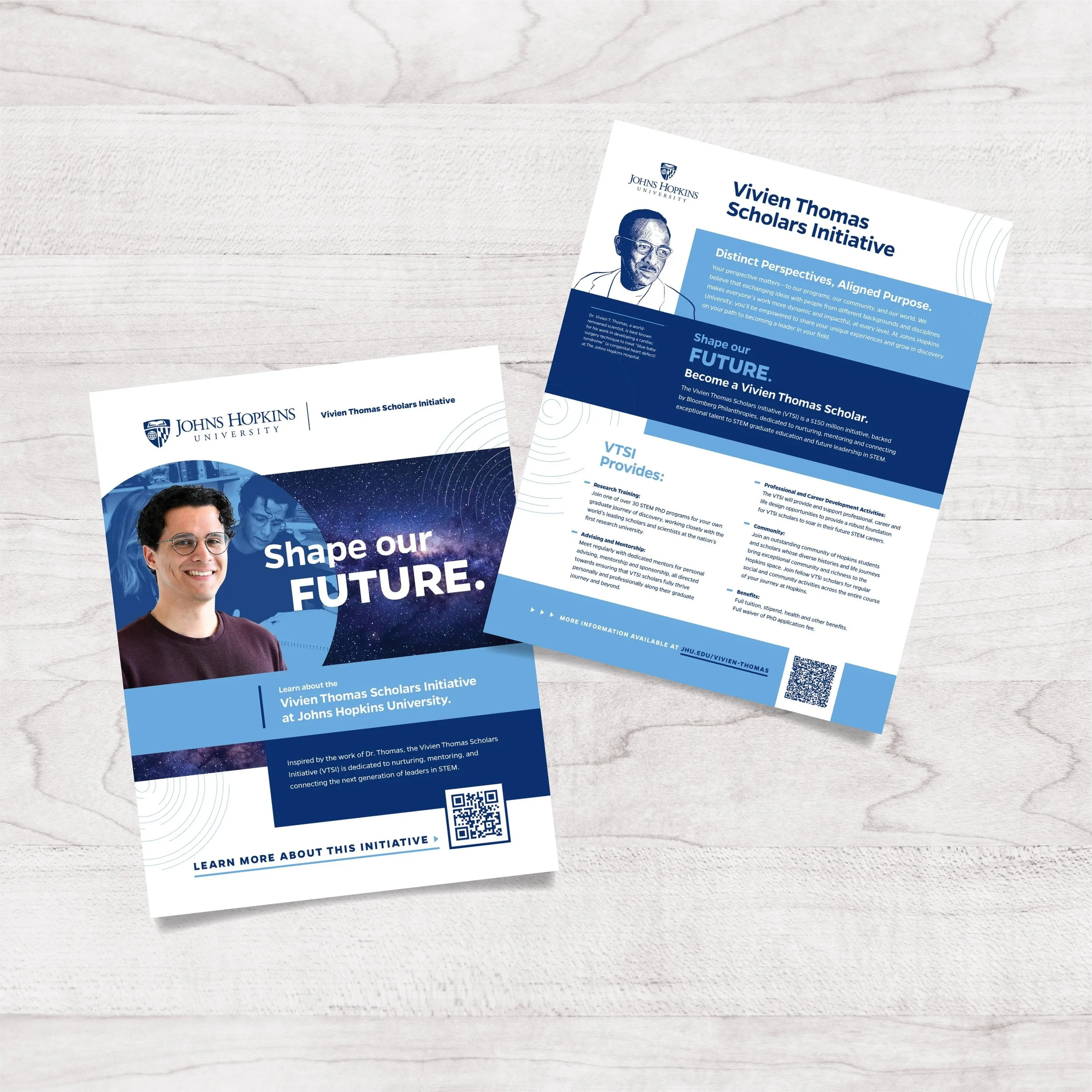 Flyers for the Vivien Thomas Scholars Initiative at Johns Hopkins University, featuring a smiling young man, with information about the program and a QR code.