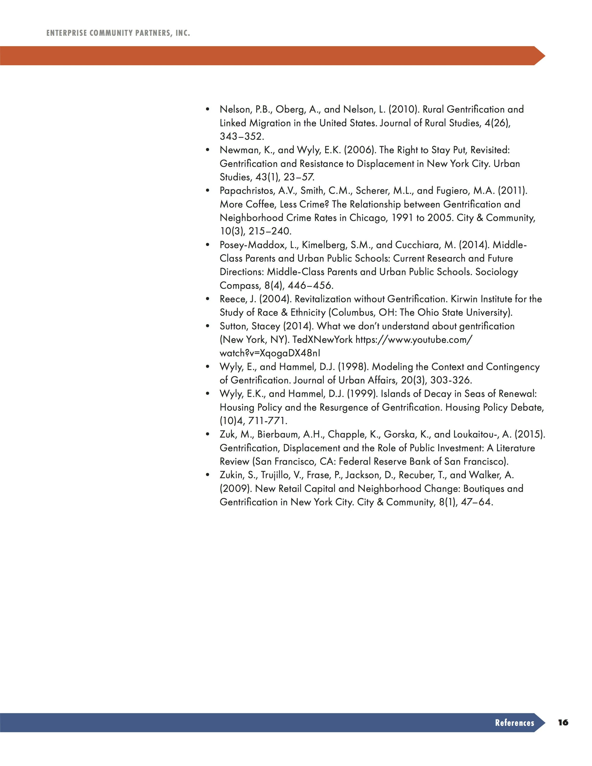 A page from a reference list of academic sources and articles about urban studies, gentrification, and neighborhood crime rates, with a header that reads 'ENTERPRISE COMMUNITY PARTNERS, INC.' and a footer with the word 'References' and the page numbe