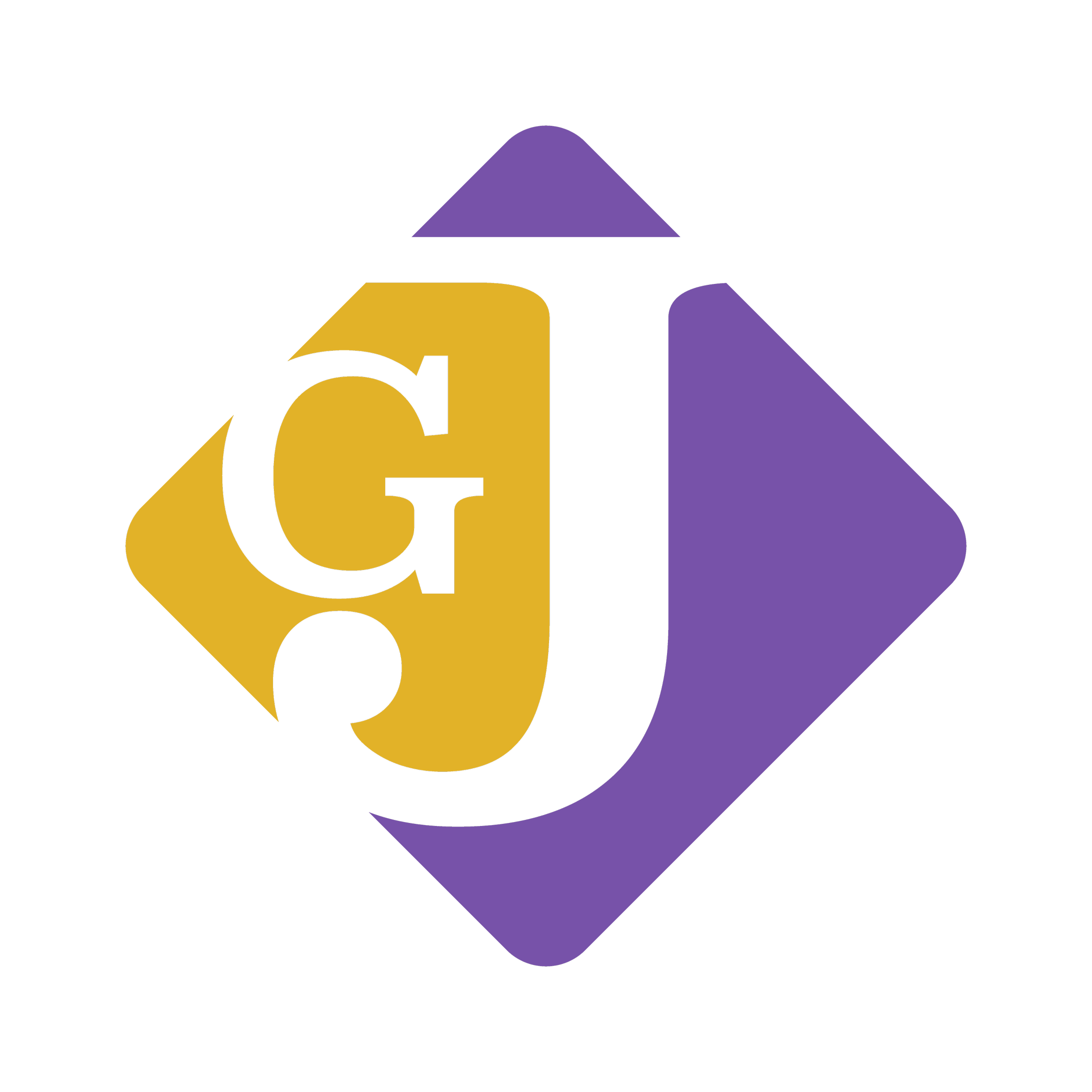 Logo with overlapping yellow and purple geometric shapes and the letters 'GJ' in black.