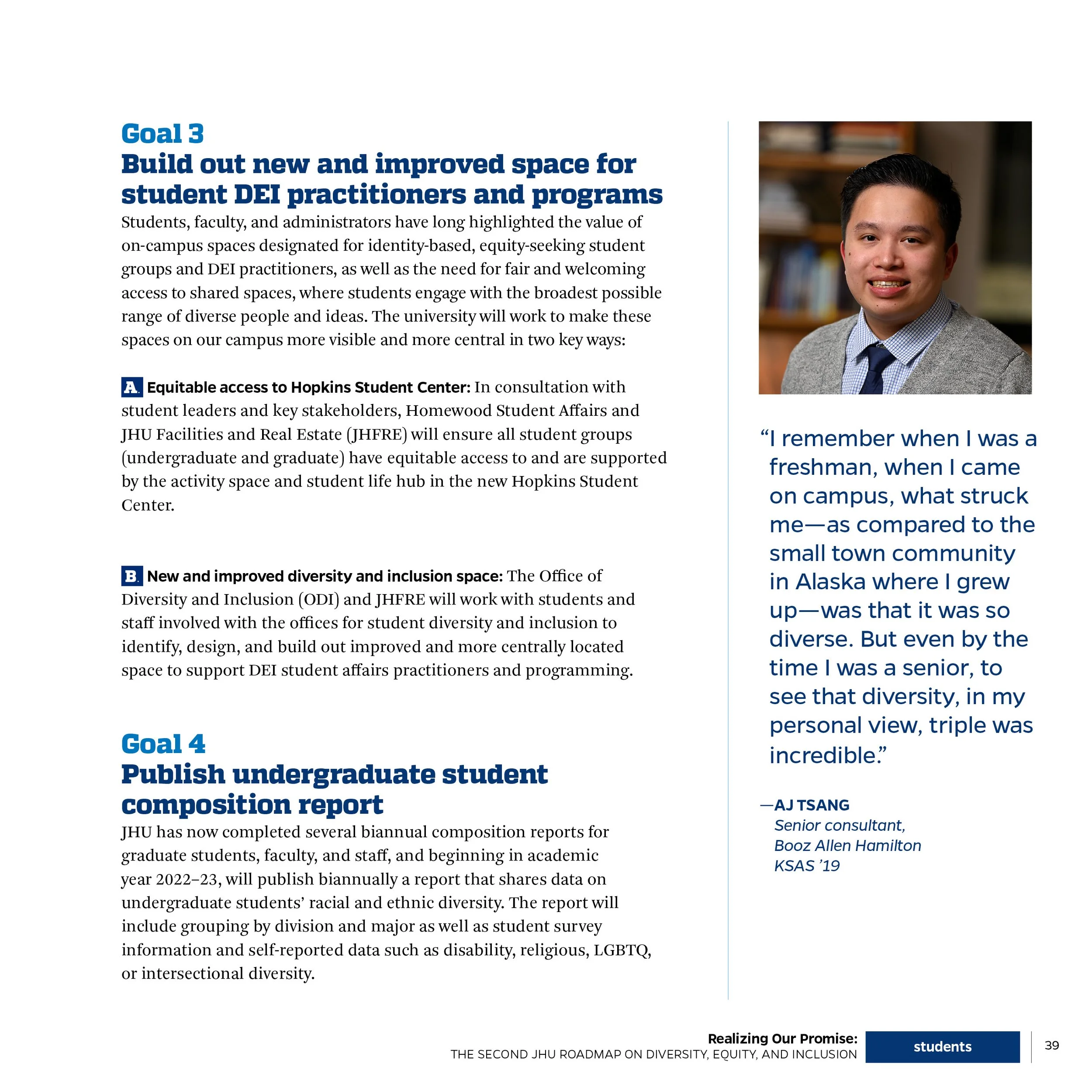 Page from a report with a photograph of a man in a gray jacket, poplin shirt, and navy tie, on the right side. The page contains text about improvements in student diversity and inclusion, including goals and quotes, with sections titled Goal 3 and G