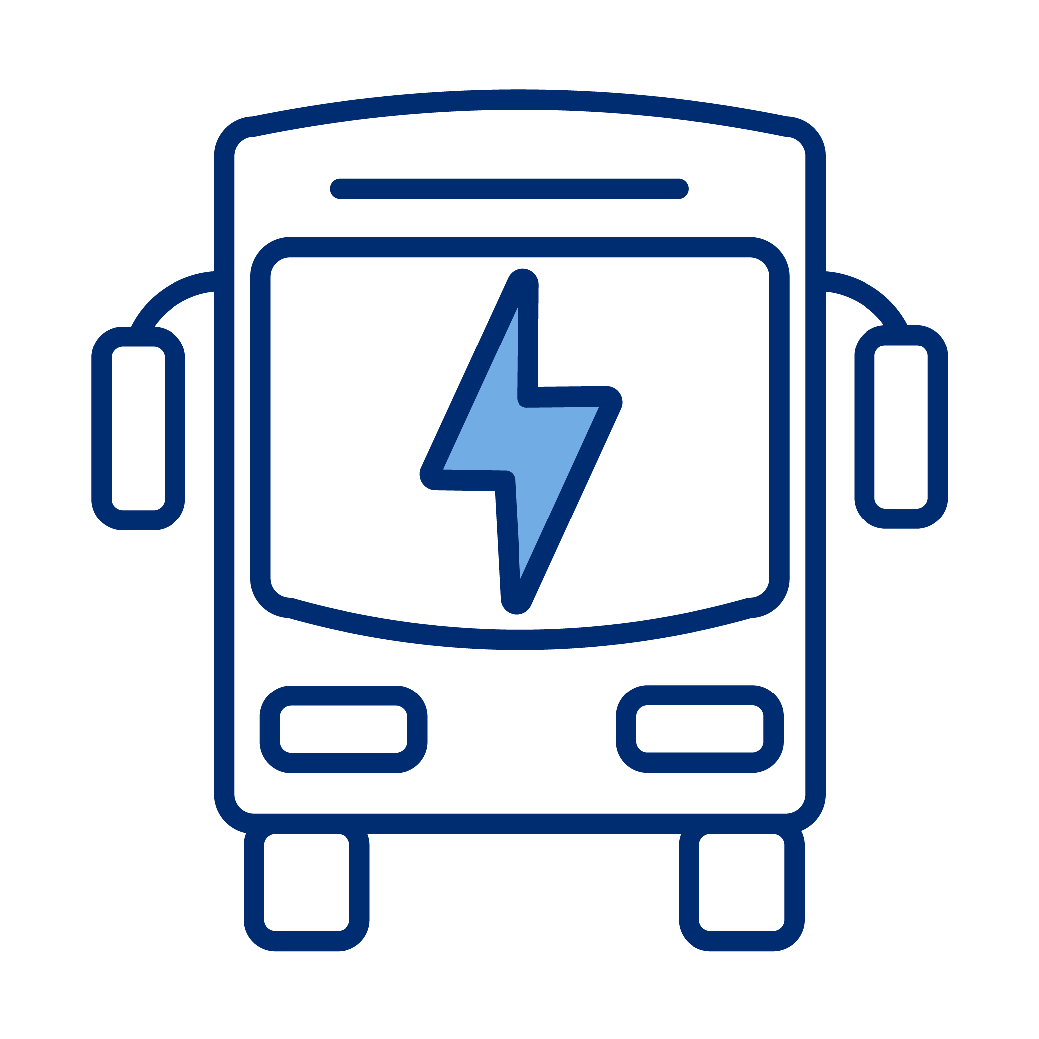 Outline graphic of an electric bus with a lightning bolt symbol on the front display.