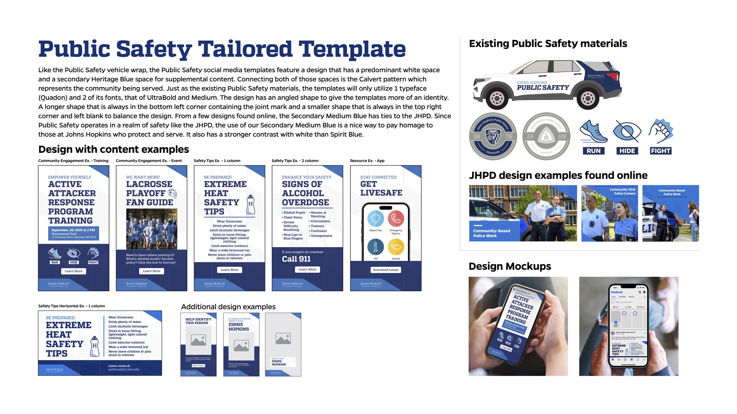 A poster titled 'Public Safety Tailored Template' shows examples of safety materials, including community engagement and safety tips, along with design mockups for mobile and social media platforms.