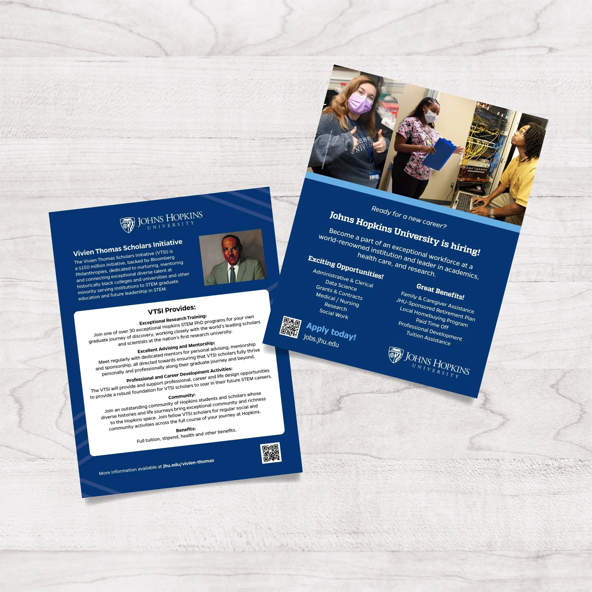 Brochure and flyer for Johns Hopkins University recruiting for a career in health care, featuring photos of staff, program details, and application information.