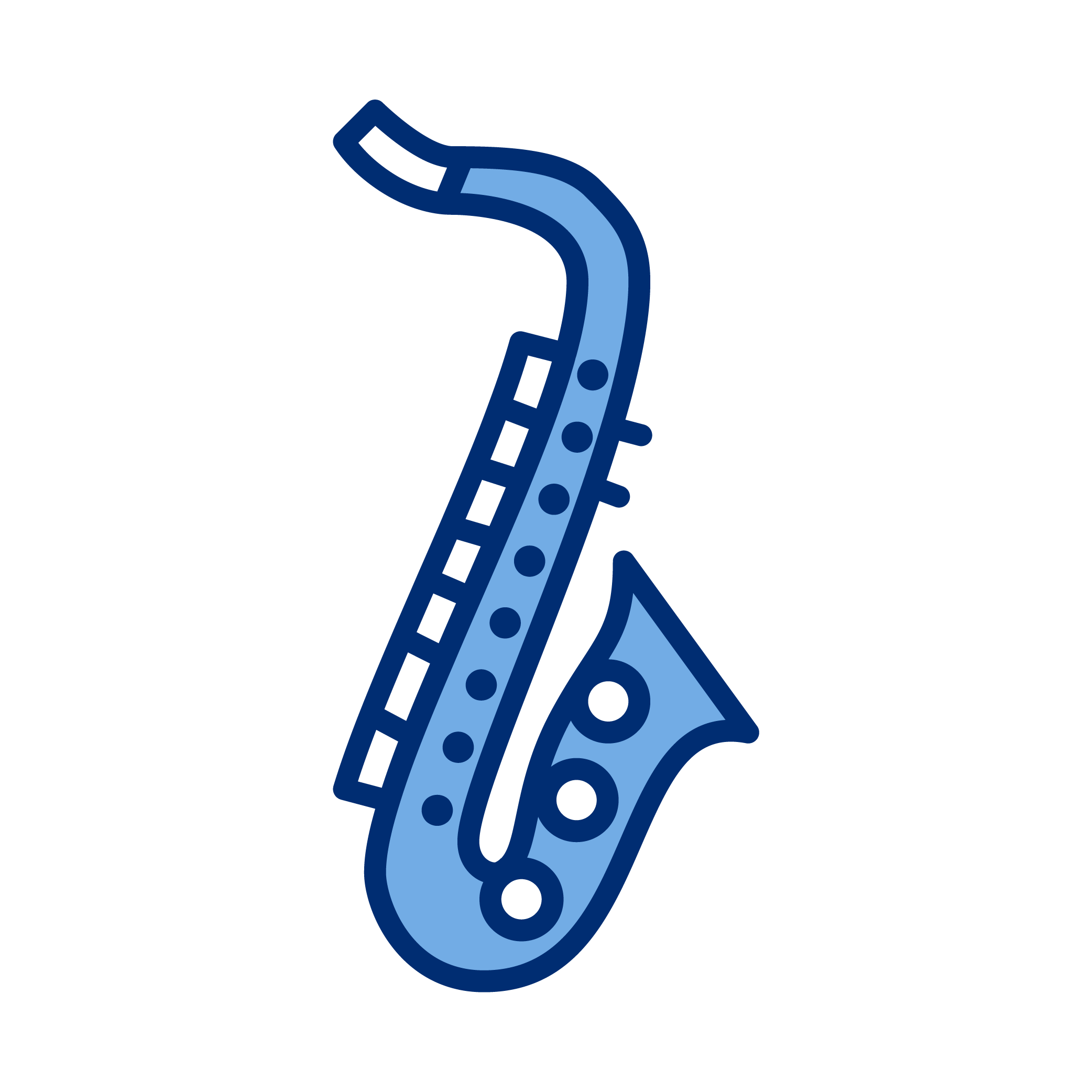 Stylized illustration of a blue saxophone with darker blue details and a musical note.