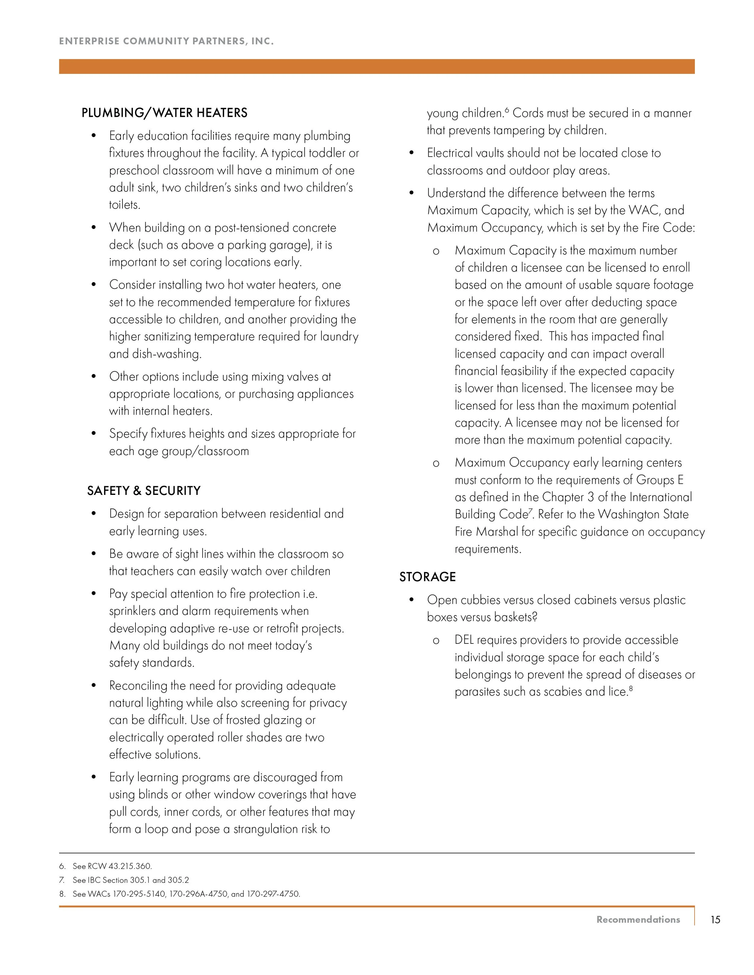 A page from a safety and security guide discussing plumbing and water heaters, fire safety, storage options for children’s belongings, and building capacity guidelines.