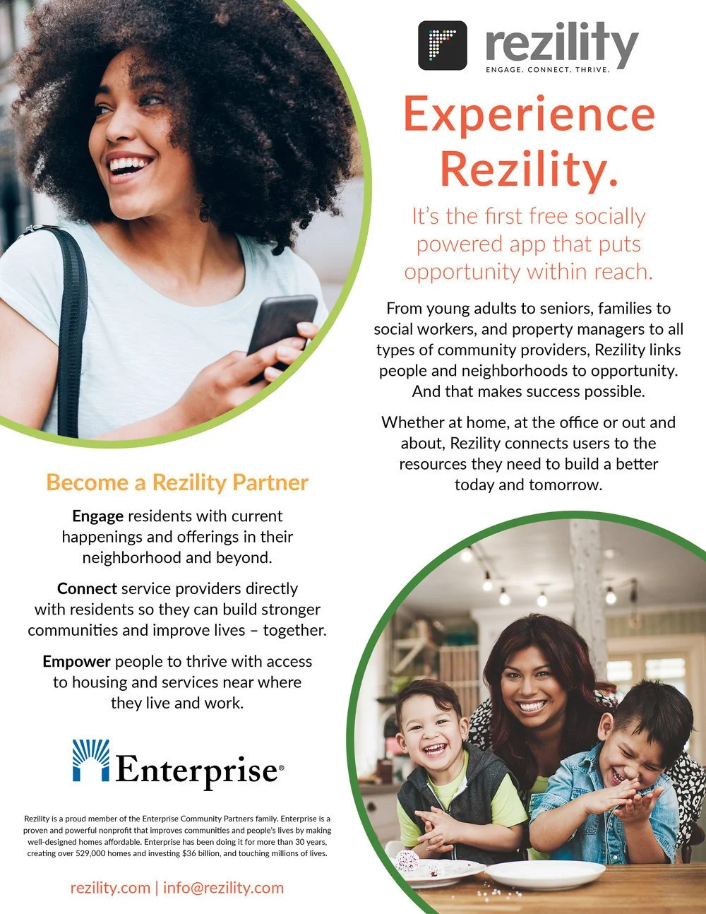 A woman smiling and holding a smartphone, with a second image of a woman and two children smiling and playing together, with the Rezility logo and informational text about the Rezility app and partnership.