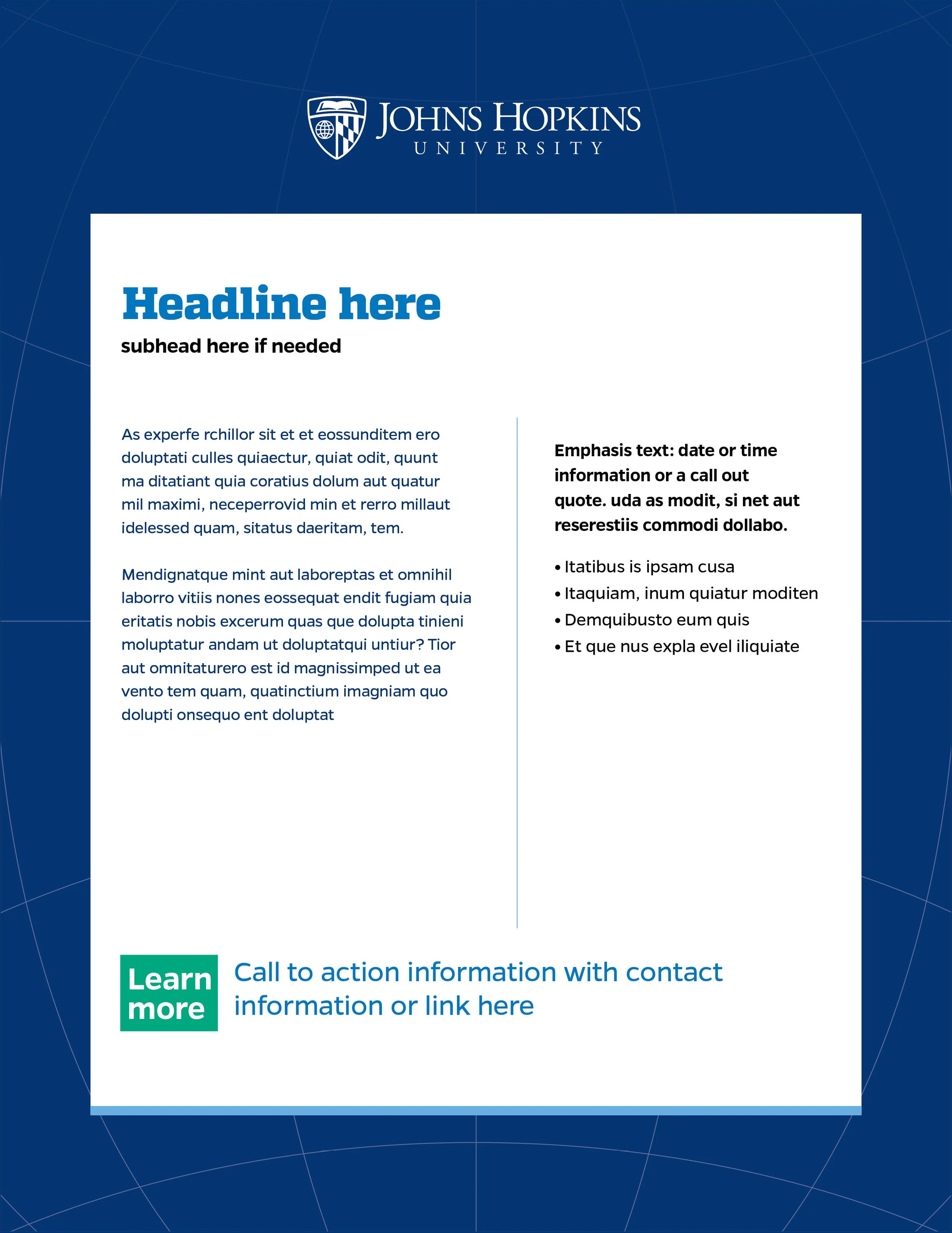 A flyer for Johns Hopkins University with a blue background, the university logo at the top, and sample placeholder text including a headline, subheading, and bullet points. There is a green call-to-action button labeled 'Learn more' and contact link