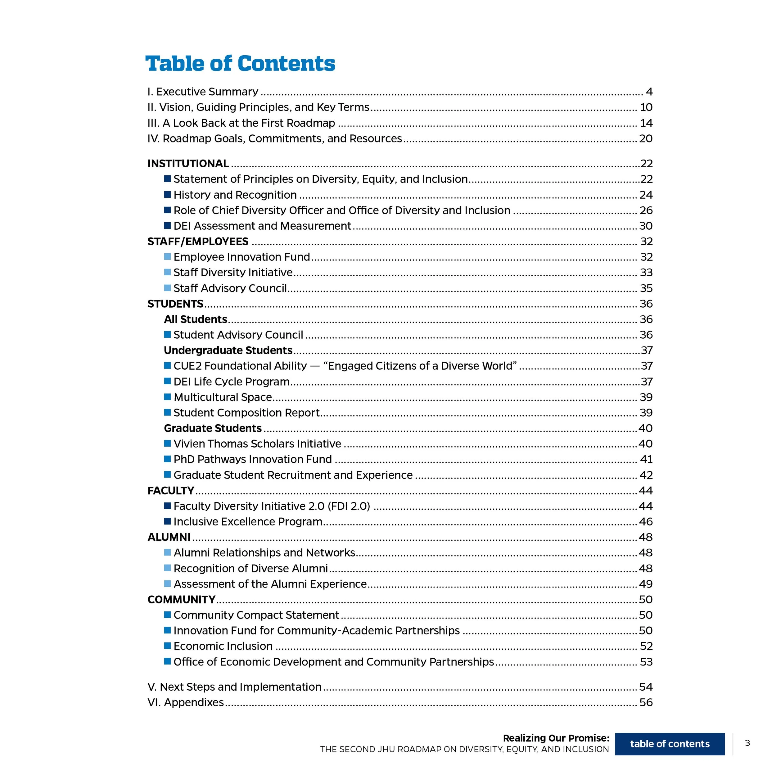 Table of contents page from a document titled 'Realizing Our Promise: The Second JHU Roadmap on Diversity, Equity, and Inclusion'. It lists sections such as Executive Summary, Vision, Guiding Principles, Roadmap Goals, Institutional, Staff/Employees,