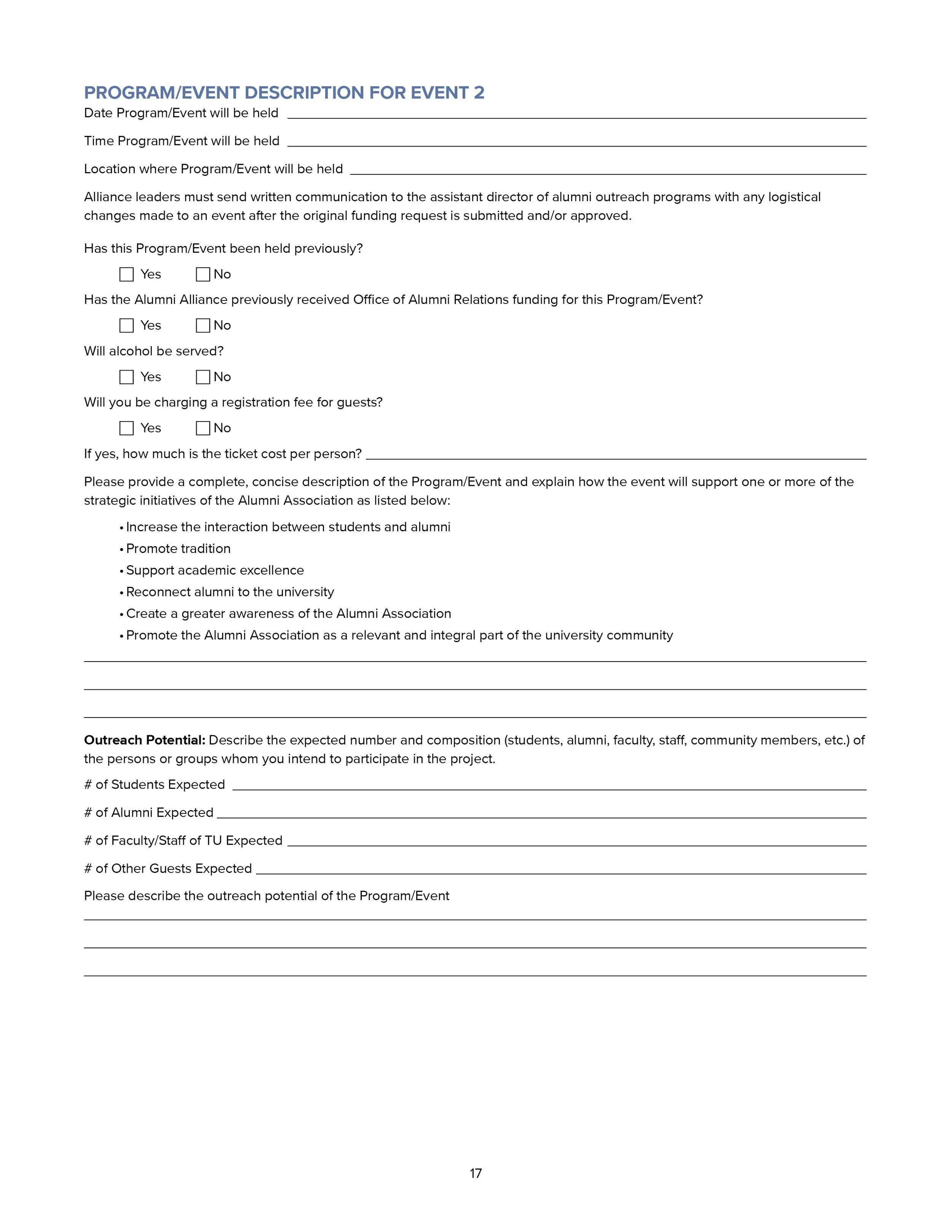 A blank event planning worksheet titled 'Program/Event Description for Event 2', with sections to fill in details such as date, time, location, and various questions about the event, including previous occurrence, alcohol service, registration fees, 