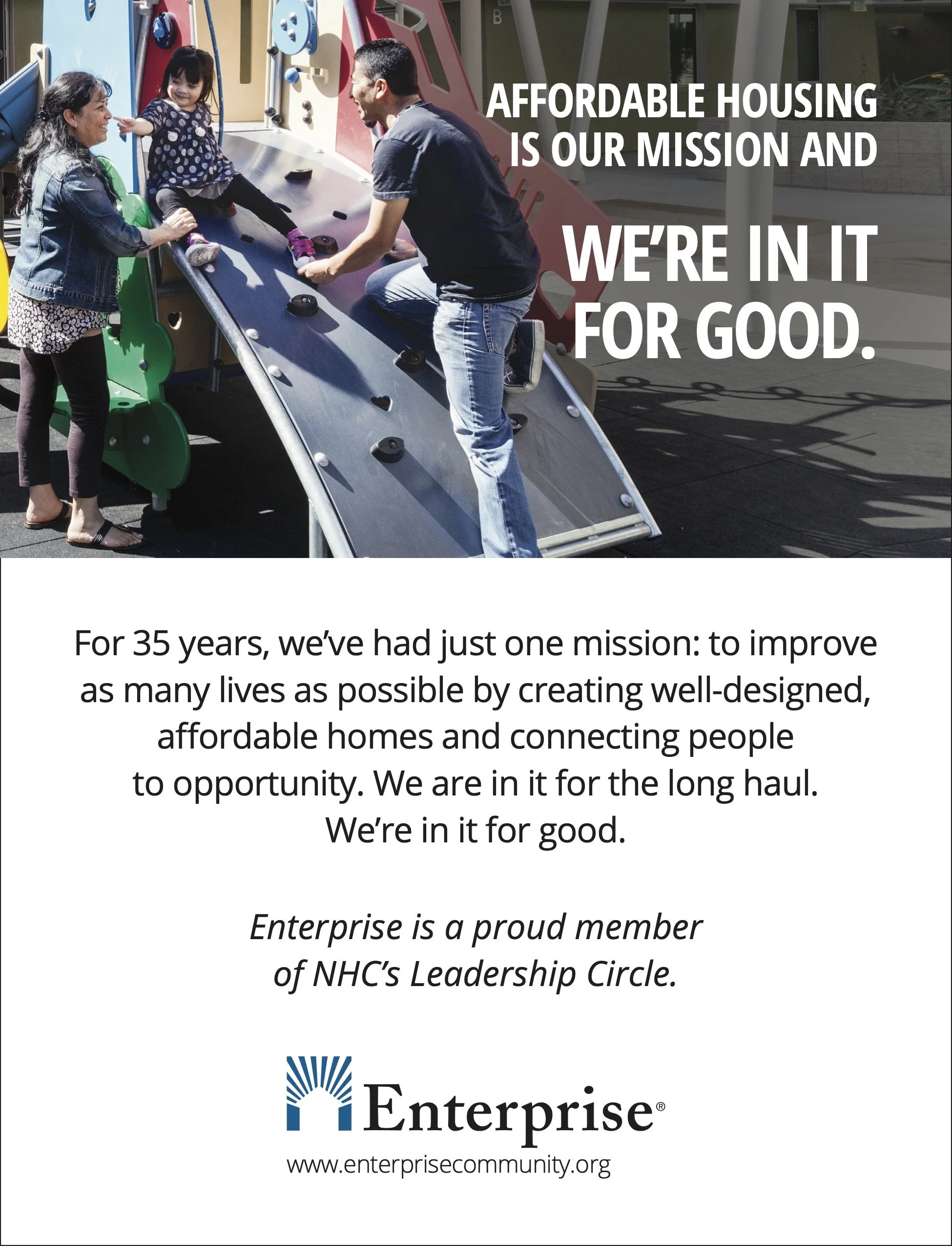 A family at a playground with a slide, promoting affordable housing with text emphasizing the organization's mission and long-term commitment.