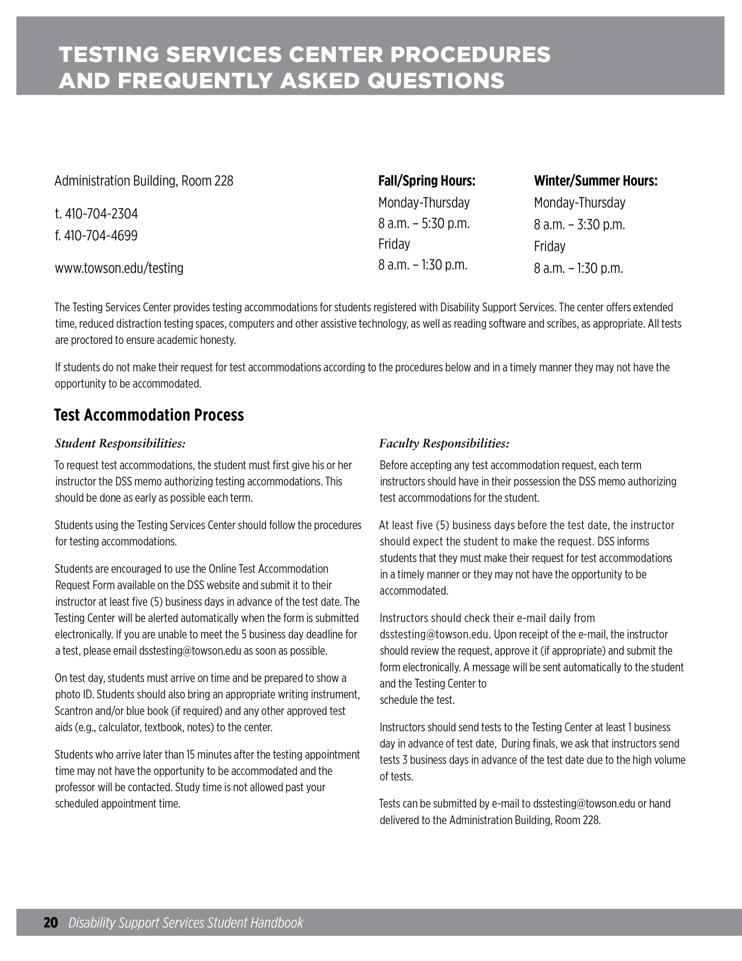 A page from the Disability Support Services Student Handbook detailing procedures for testing services center, including contact information, hours of operation, test accommodation process, student and faculty responsibilities, and submission guideli