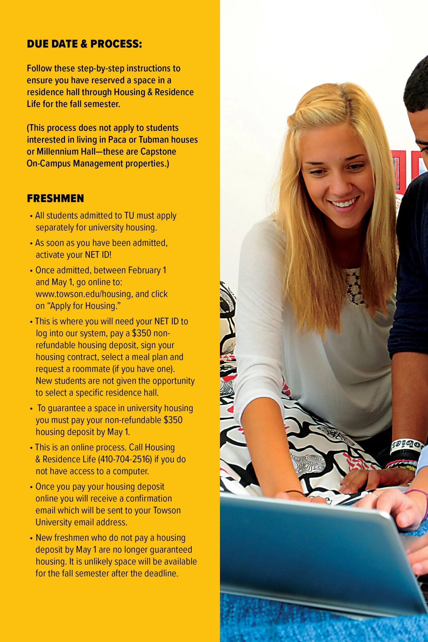 Information about housing deadlines and process for Towson University students, with a focus on freshmen, on a yellow background, alongside a photo of smiling students using a laptop.