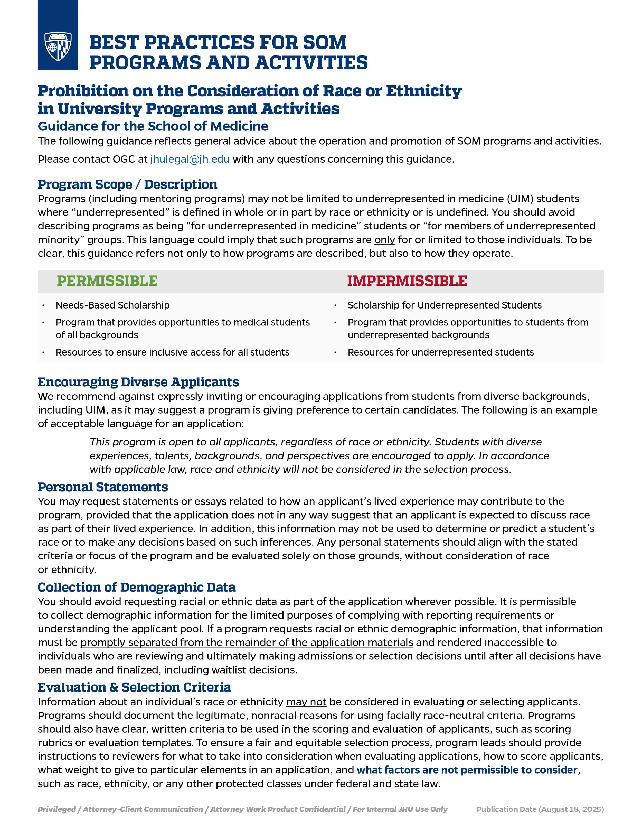 Guidance document on best practices for SOM programs and activities, focusing on the consideration of race or ethnicity in university programs and activities, including sections on program scope, encouraging diverse applicants, student statements, co