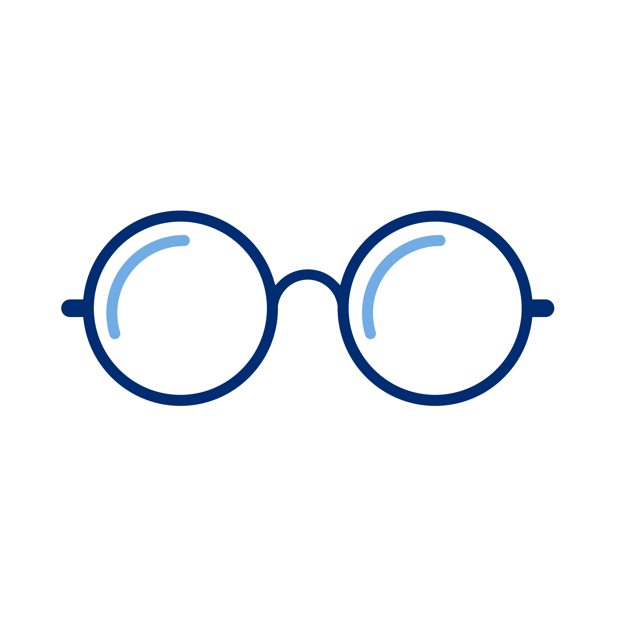Illustration of a pair of glasses with round blue frames and light blue lenses.