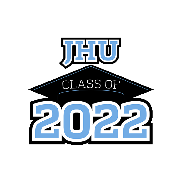 JHU Class of 2022 graduation logo with black background, blue and white text