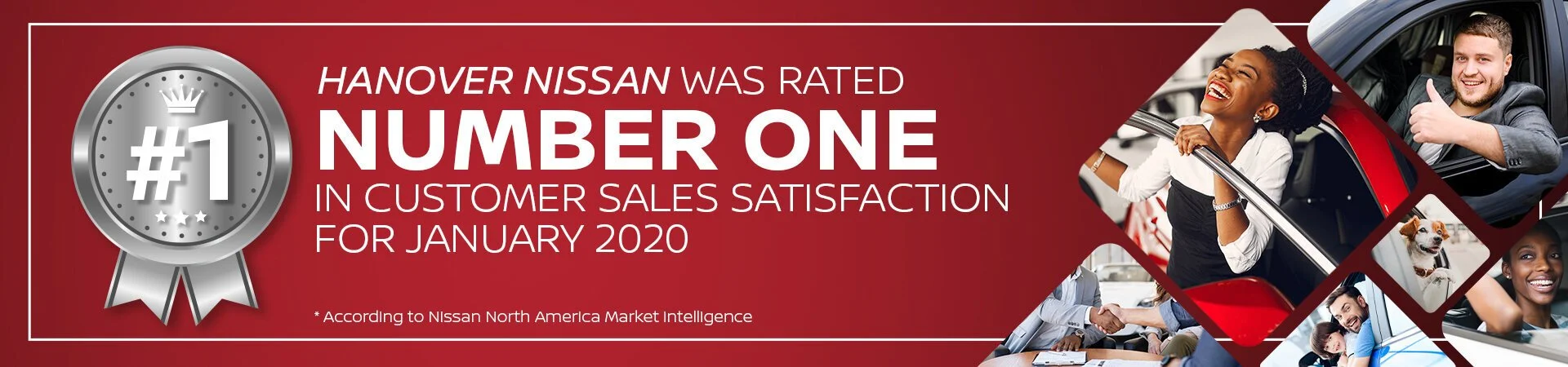 Banner indicating Hanvoer Nissan was rated number one in customer sales satisfaction for January 2020, featuring images of happy people with cars and a badge with the number one.