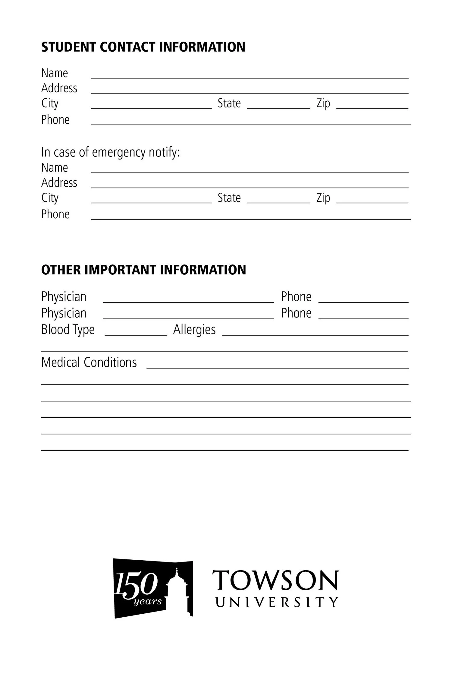 A student contact information form from Towson University, including fields for personal, emergency, and medical details, with Towson University's logo at the bottom.