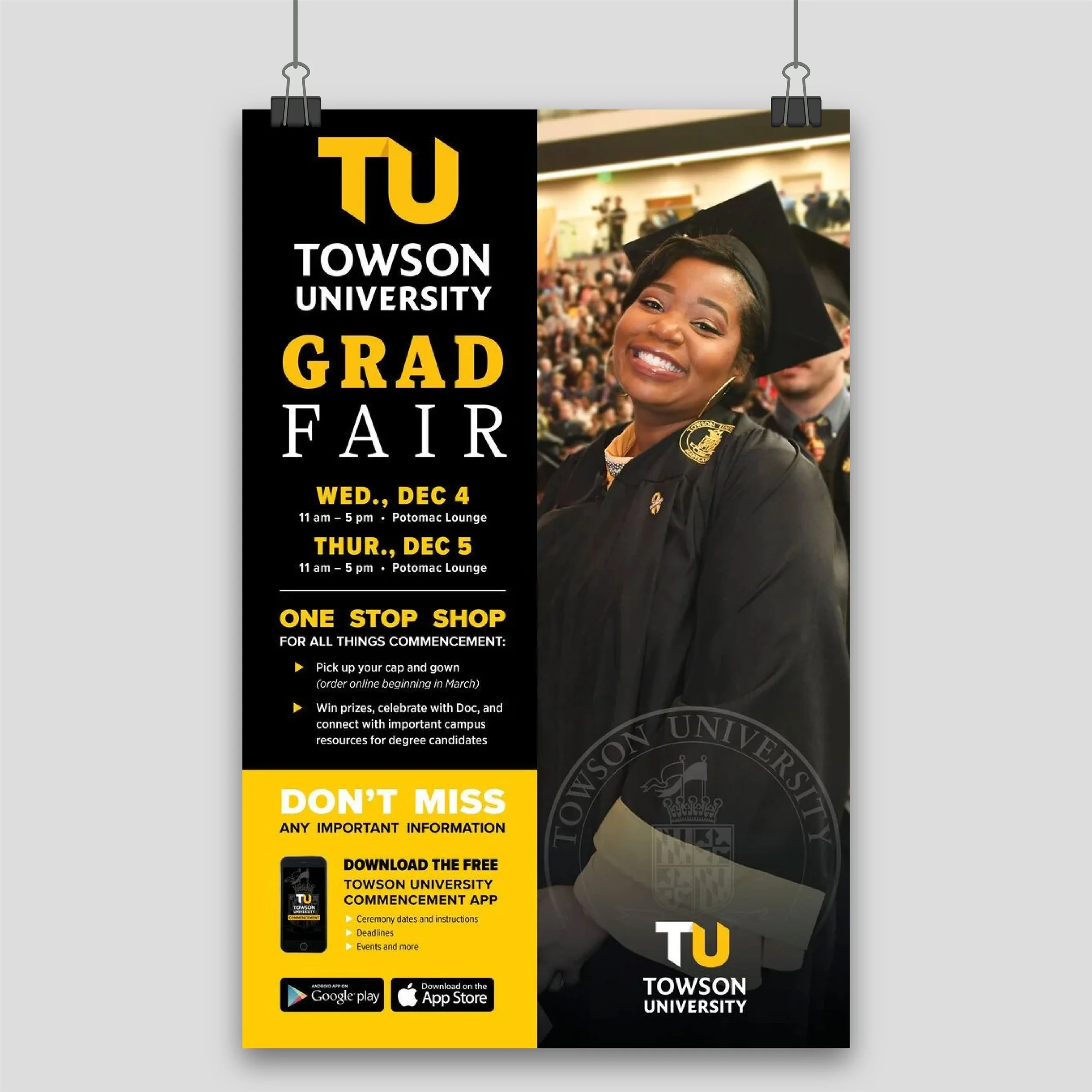 A flyer advertising the Towson University Grad Fair with a photo of a smiling graduate in cap and gown, event dates December 4 and 5, and information about a one-stop shop for graduation needs and app download.