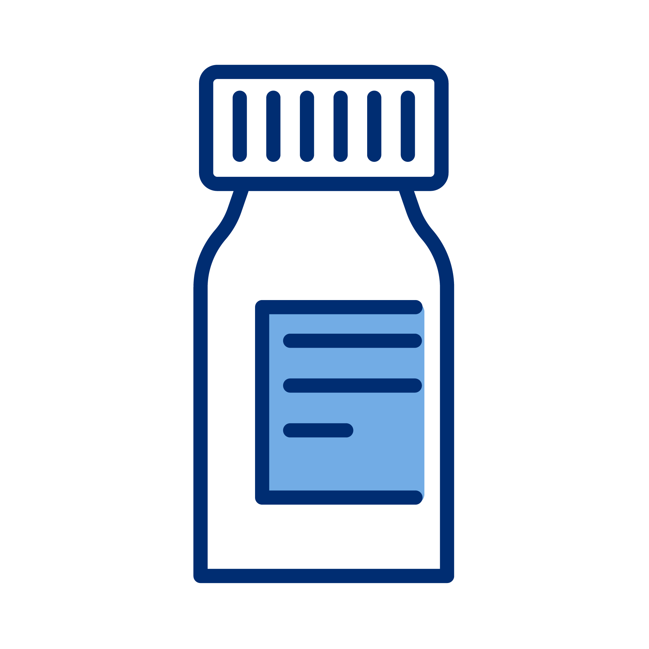 Icon of a medicine bottle with a blue label and a childproof cap.