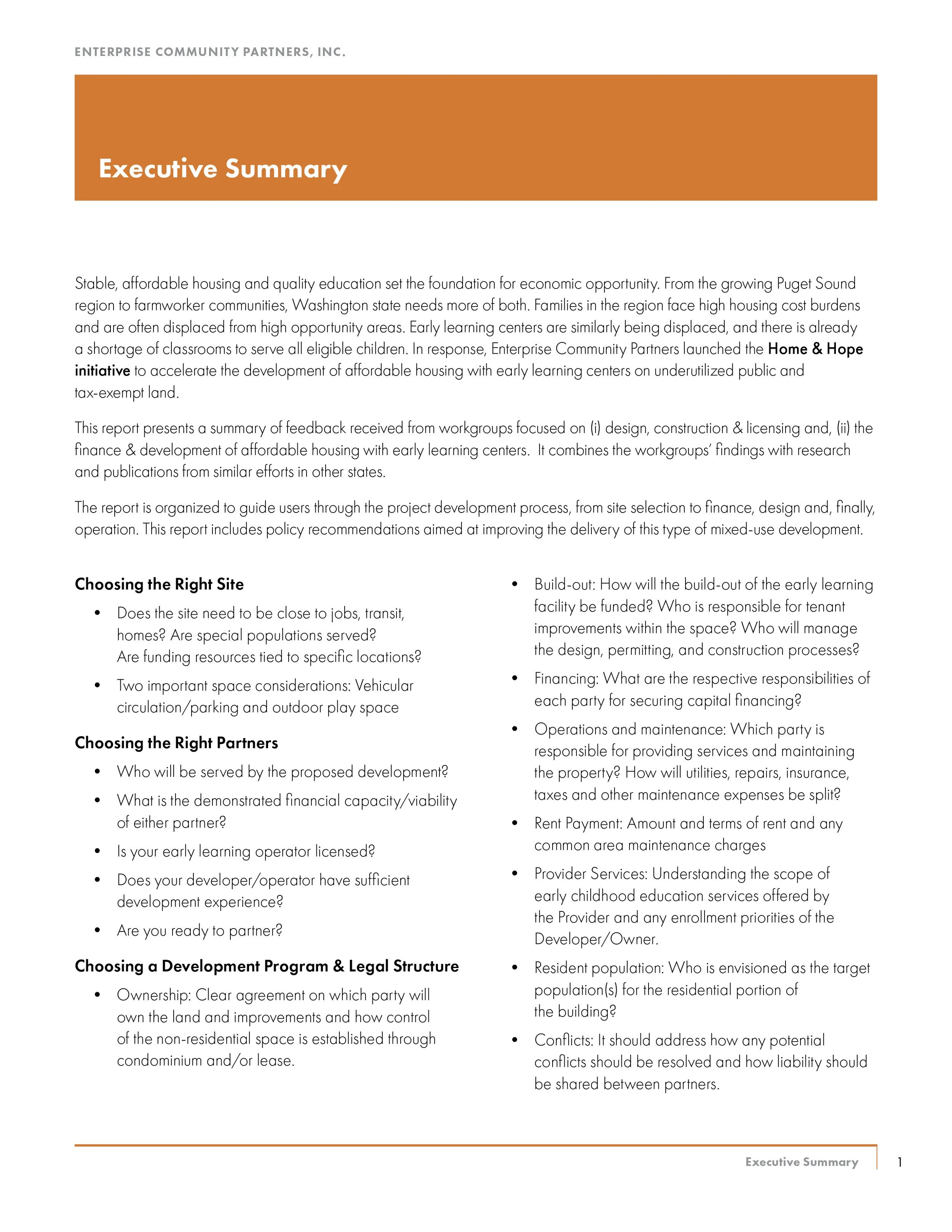 Page from a report titled 'Enterprise Community Partners, Inc.' an 'Executive Summary' discussing affordable housing and early learning centers in Puget Sound, Washington, including sections on site selection, partner selection, development program a