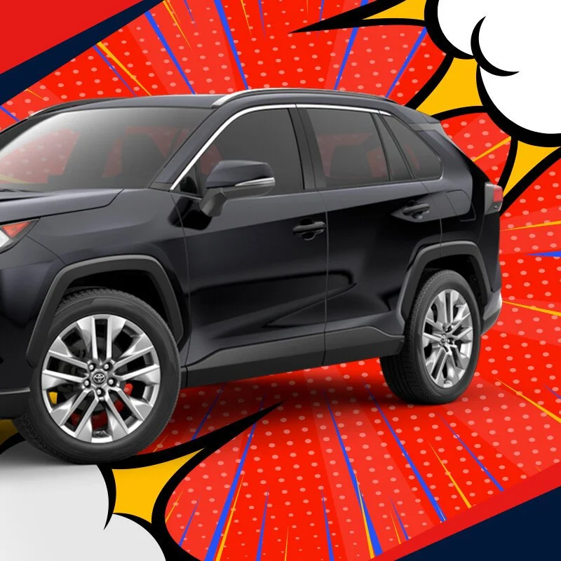 A black SUV car in front of a pop art-style background with red, orange, yellow, and blue colors and abstract shapes.